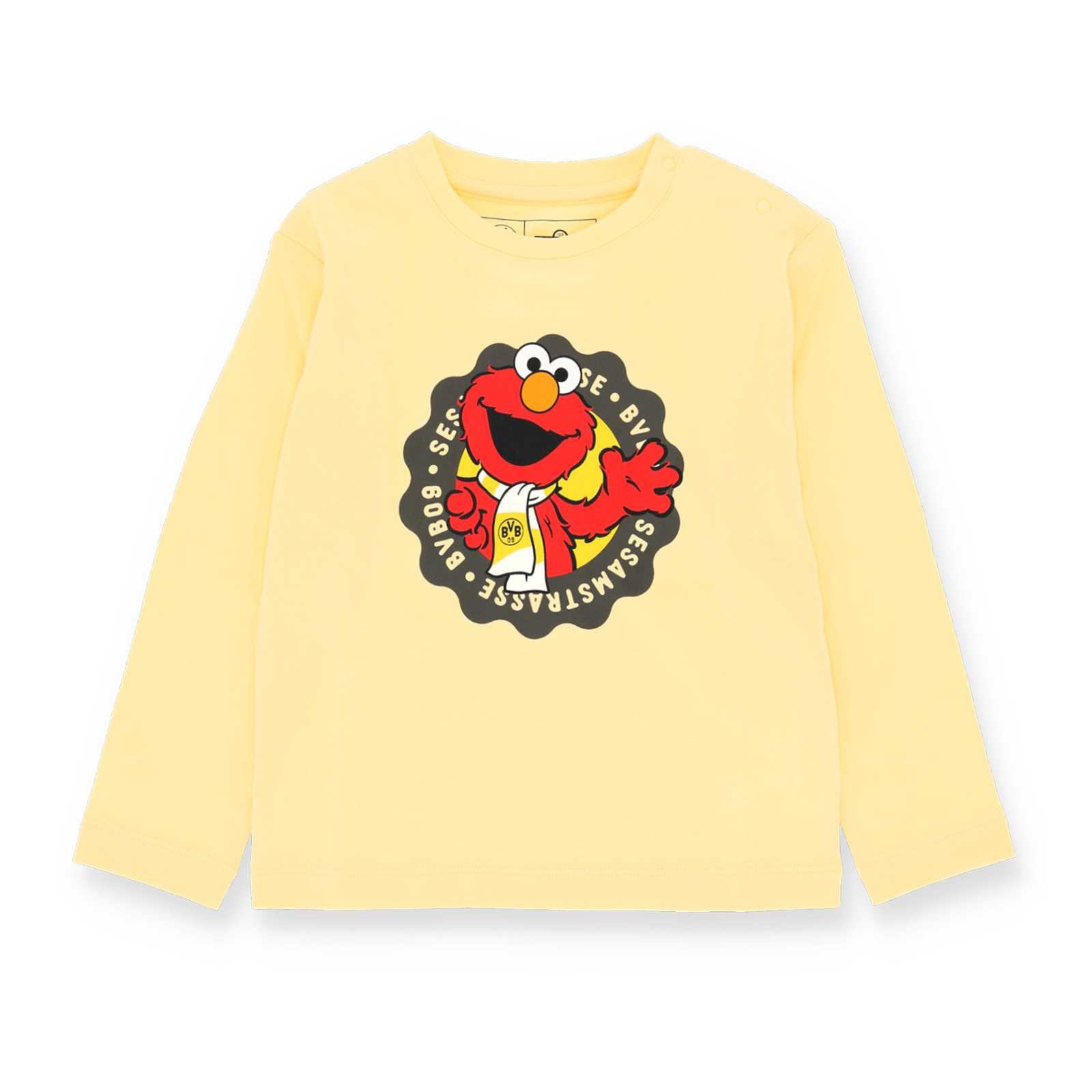 Vorderansicht des gelben Pullis mit der Sesamstrassenfigur Elmo.