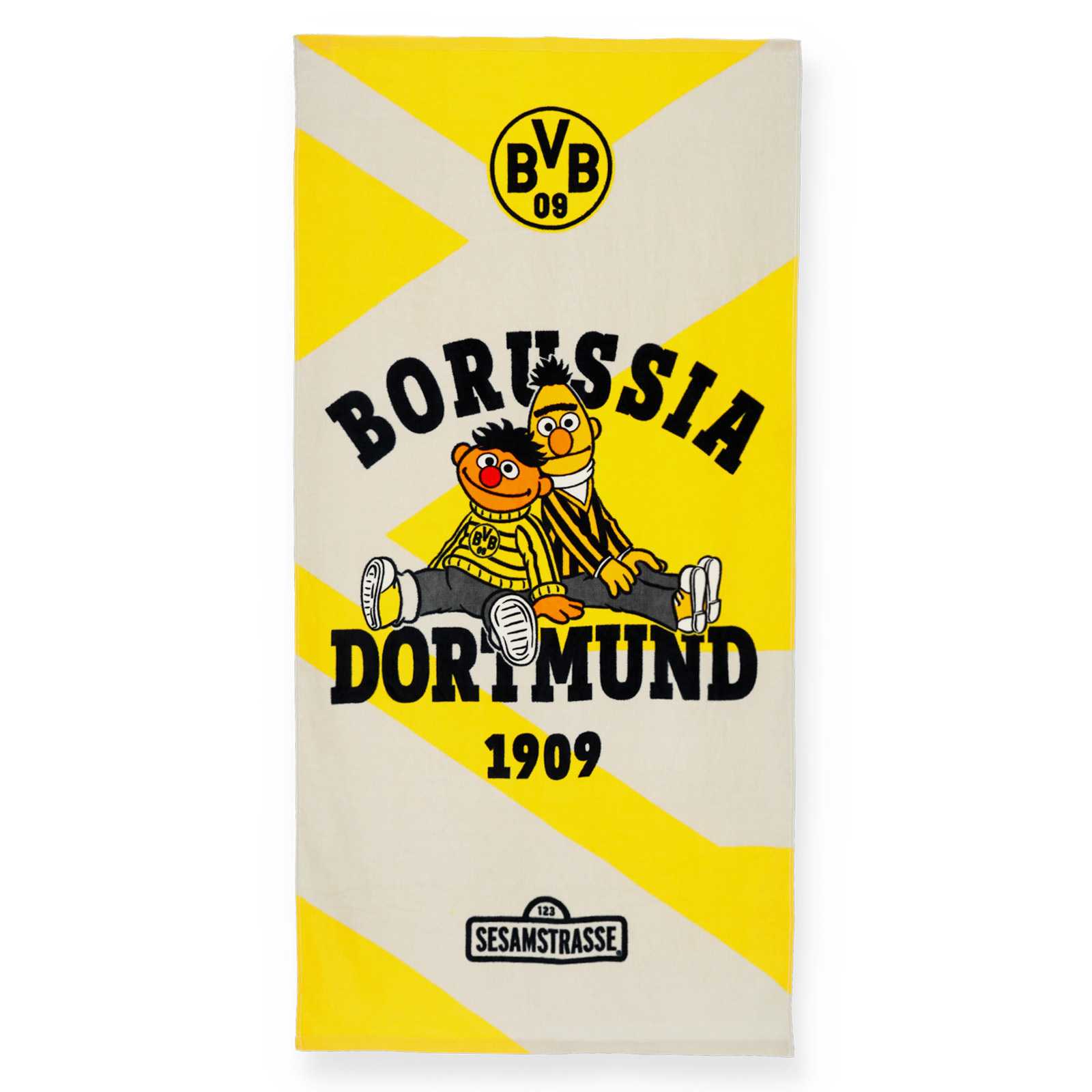 Vorderansicht des Badetuchs mit Ernie und Bert sowie dem BVB-Logo und "Borussia Dortmund 1909" Schriftzug.