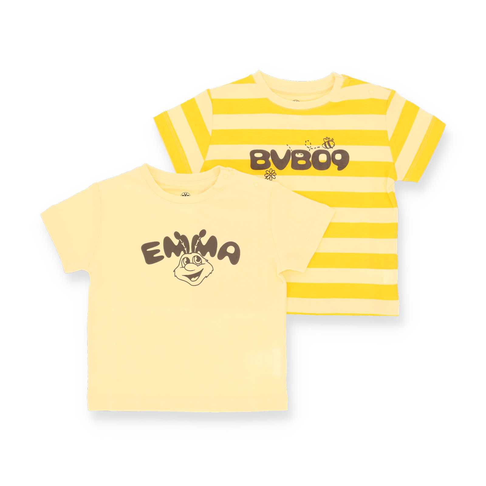 Vorderansicht der beiden T-Shirts mit verschiedene Prints. Das eine Shirt ist pastellgelb und das andere gelb getreift.