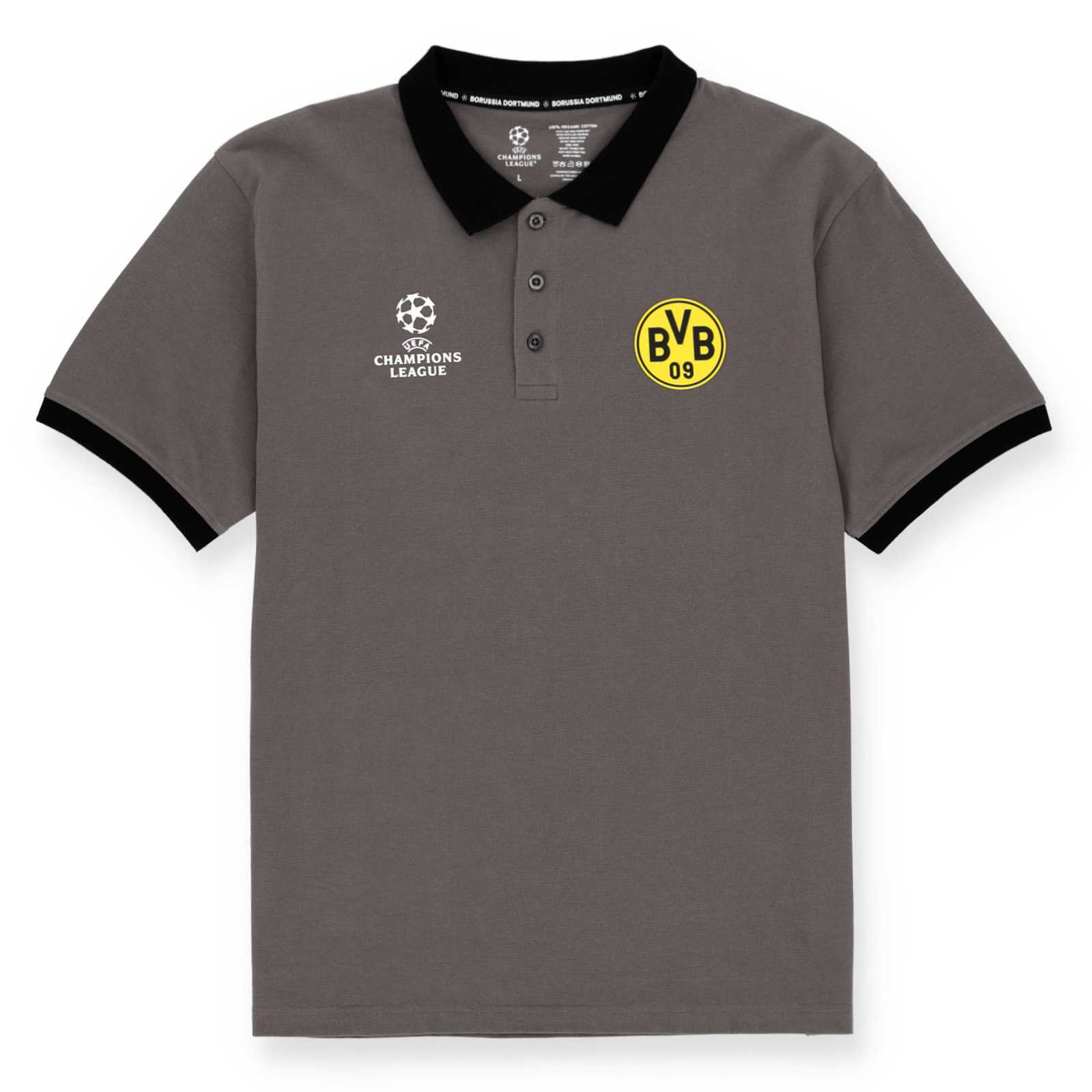 Vorderansicht des grauen BVB-Shirts mit BVB-Logo und CL-Logo. Mit schwarzem Kragen und Knopfleiste.