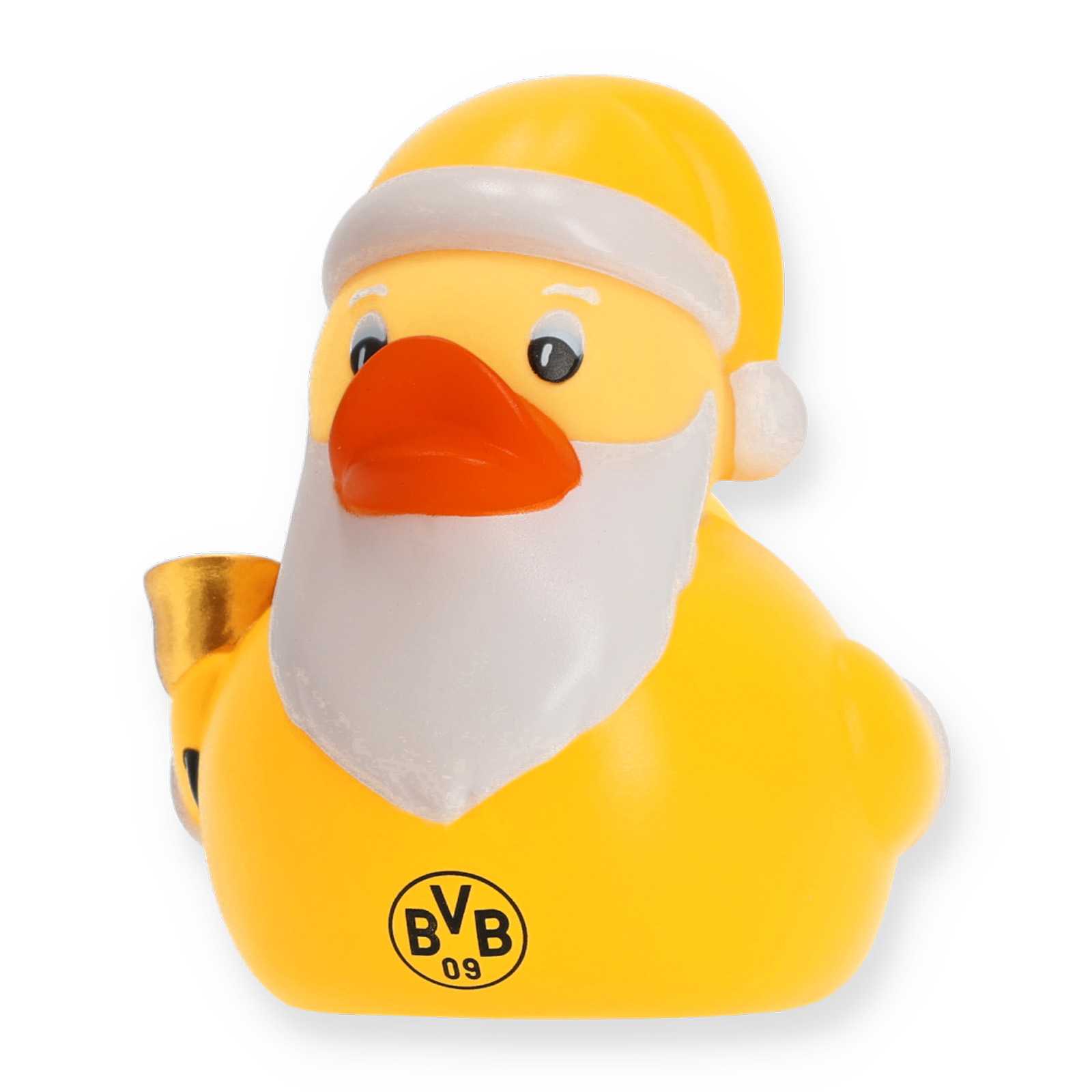 Vorderansicht der gelben Badeente mit Weihnachtsmütze und weißem Bart.