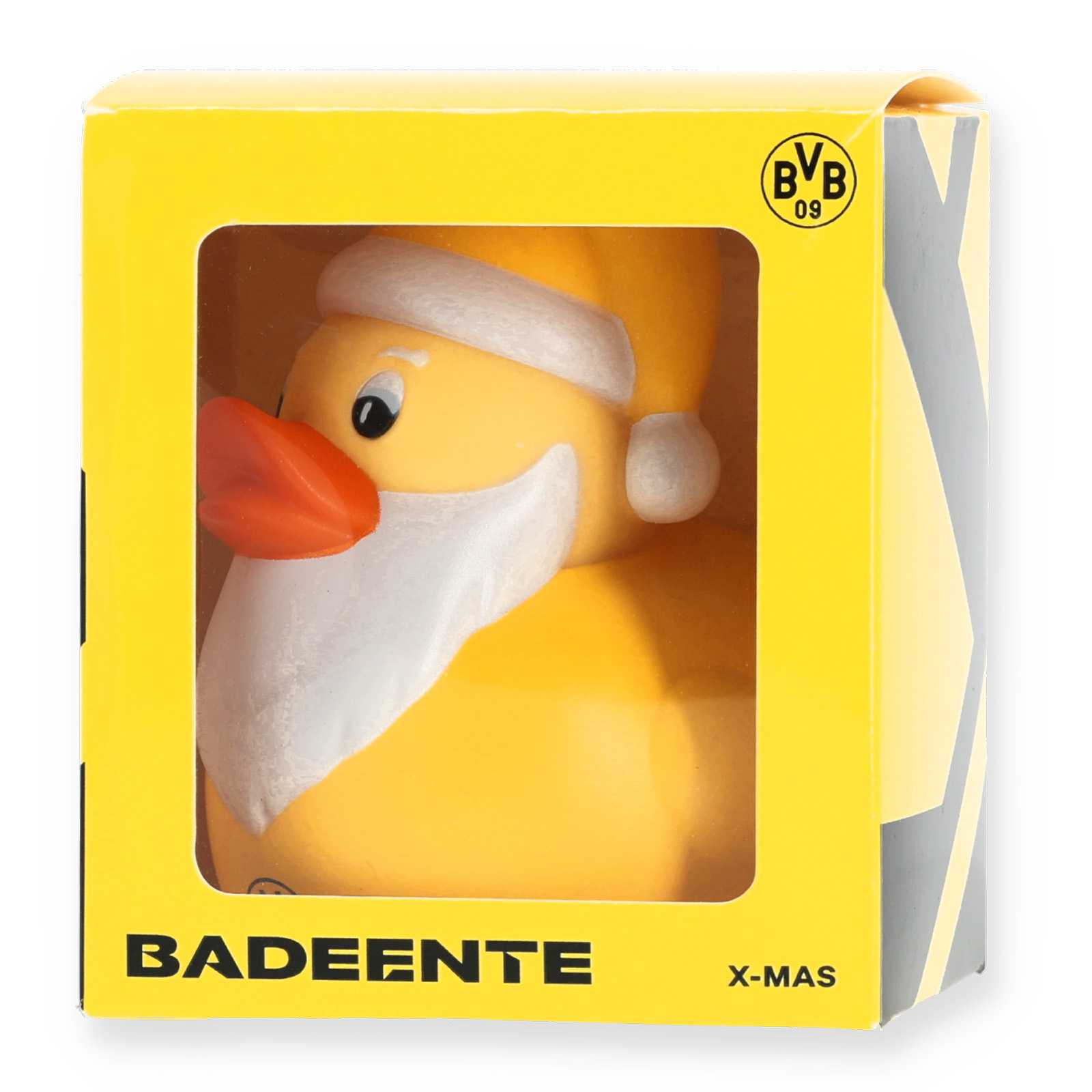 Gelbe Badeente in der gelben BVB-Verpackung von vorne.
