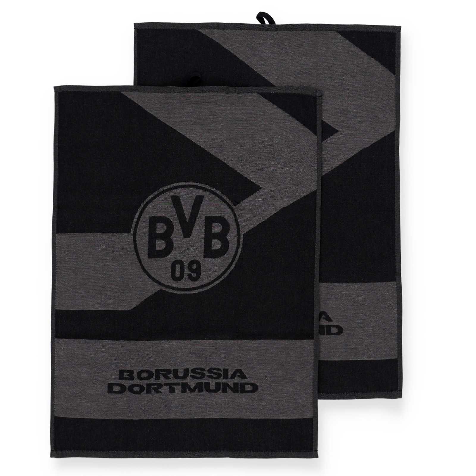 Schwarzgraue Geschirrtücher mit BVB-Logo und Borussia Dortmund Schriftzug in schwarz.