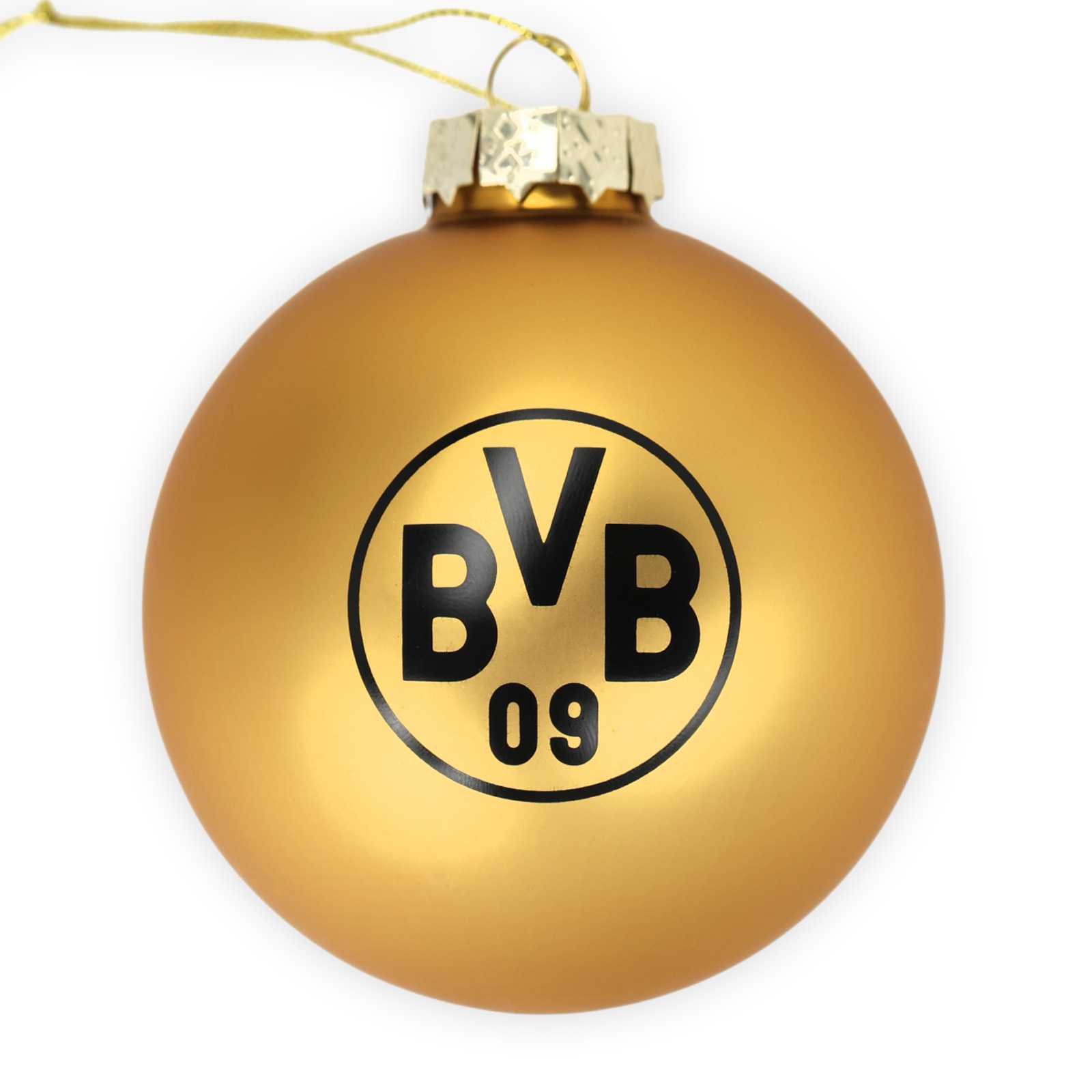 Goldene Christbaumkugel mit schwarzem BVB-Logo.