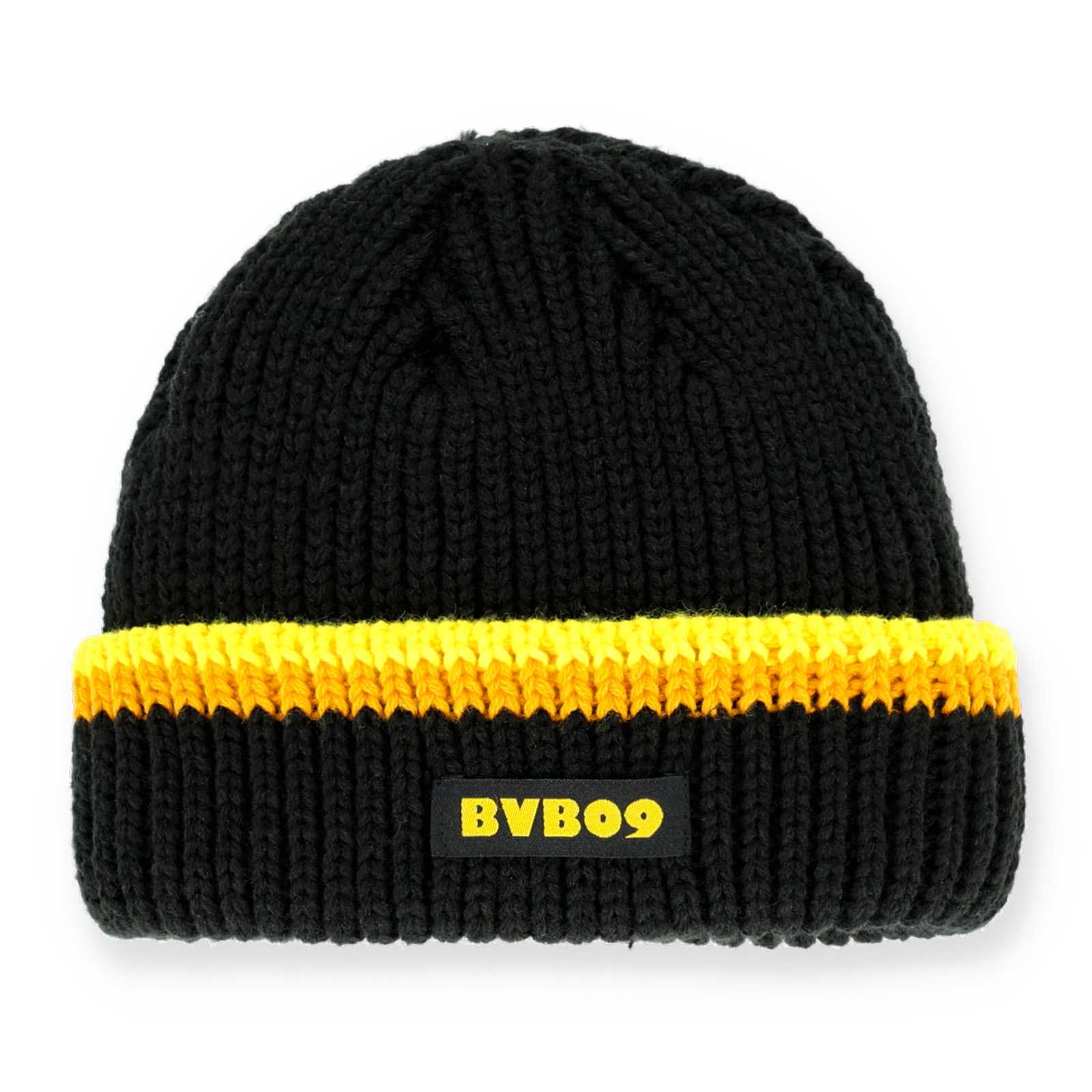 Vorderseite der schwarzen Strickmütze mit gelben Details und BVB09 Aufdruck.
