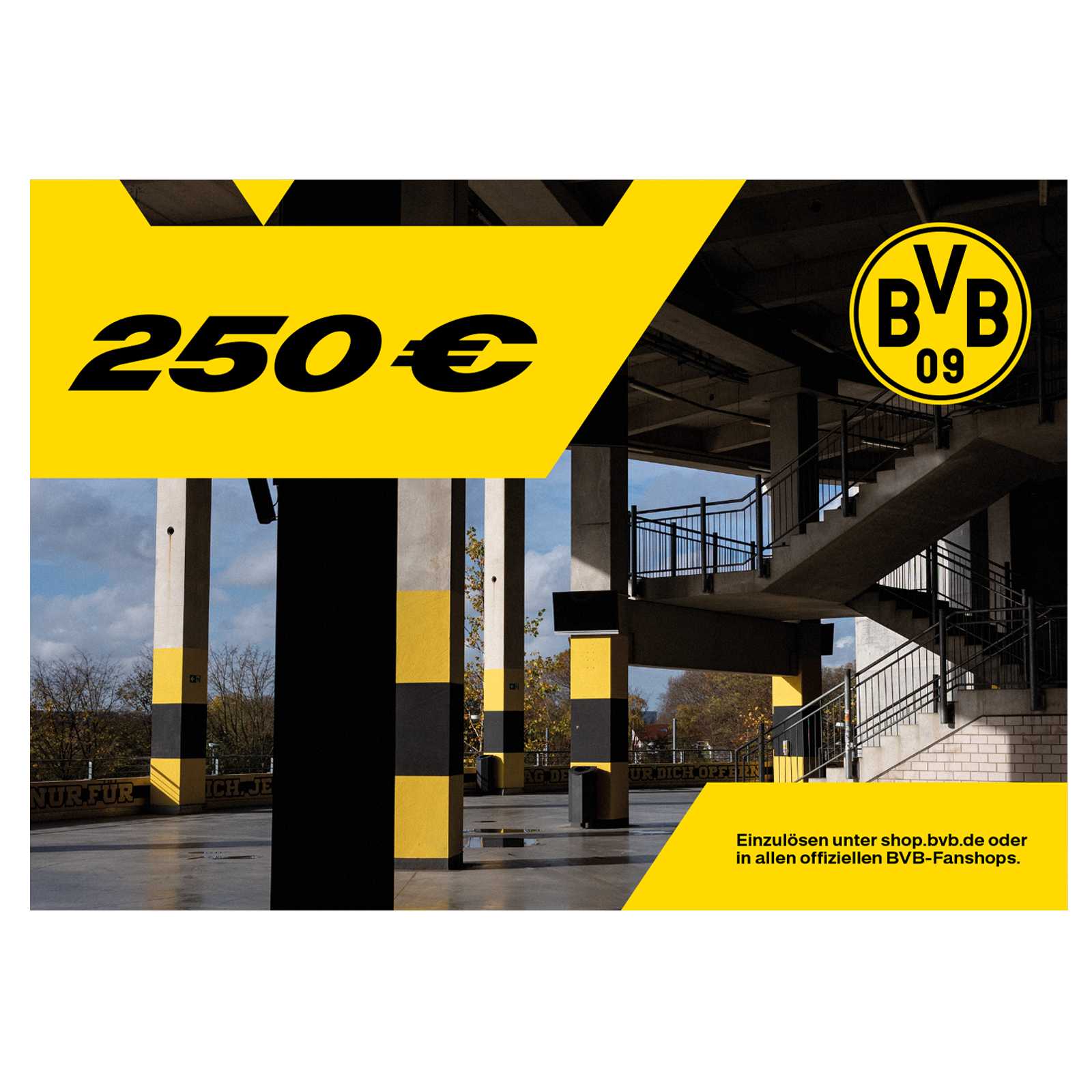 Der 250 Euro Gutschein mit schwarzgelbem Motiv
