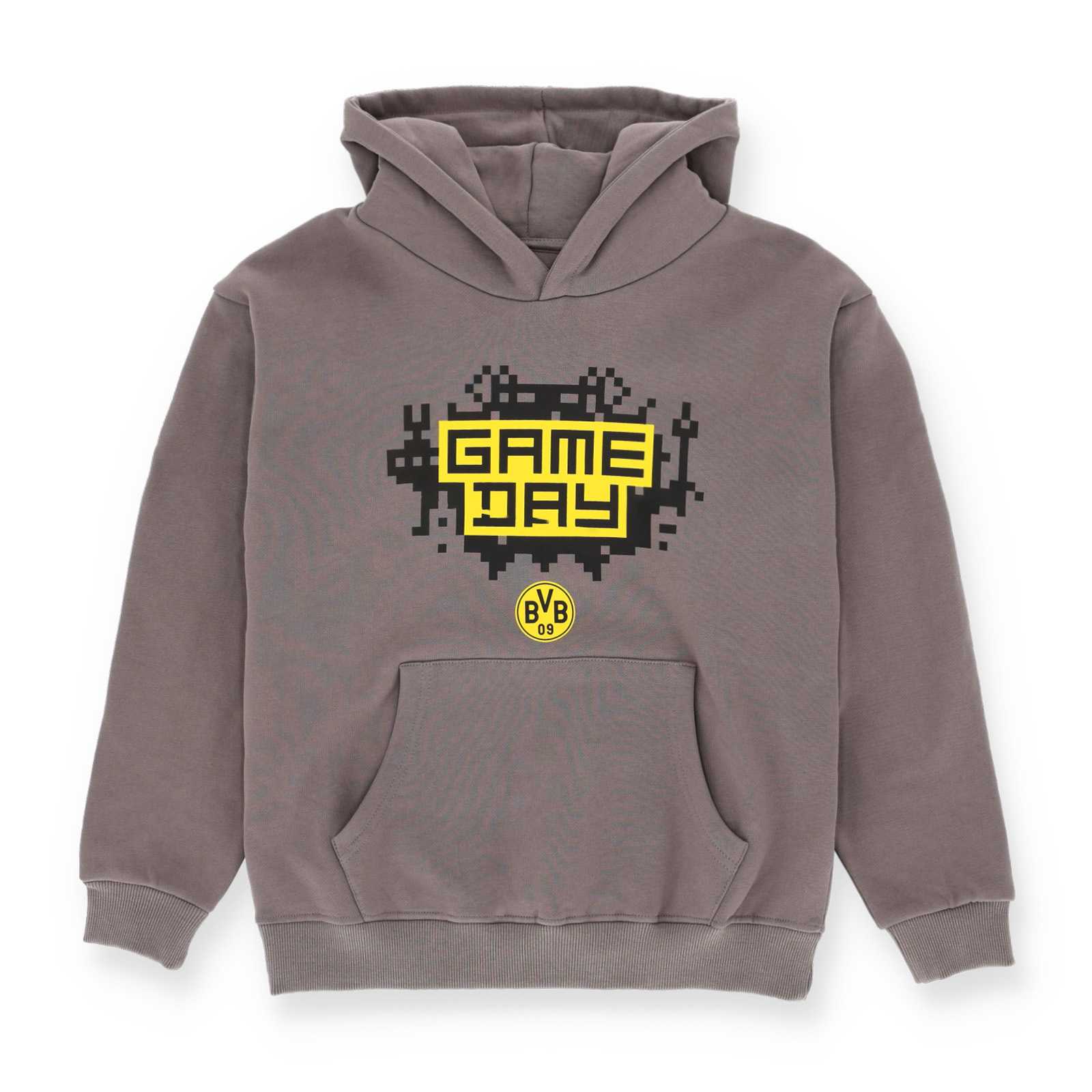 Vorderansicht des grauen Hoodies mit gelbem Game Day Print und BVB-Logo.