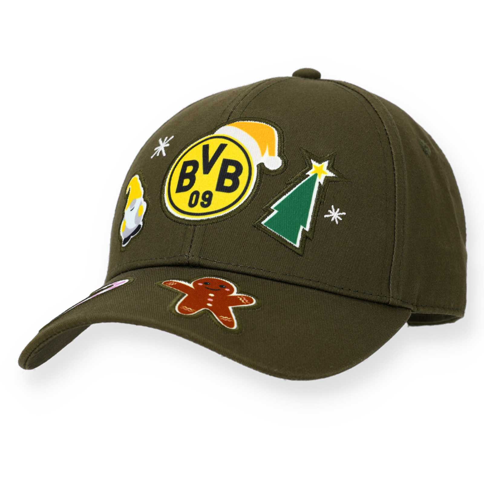 Vorderansicht der dunkelgrünen BVB Kappe mit versch. weihnachtlichen Stickern.