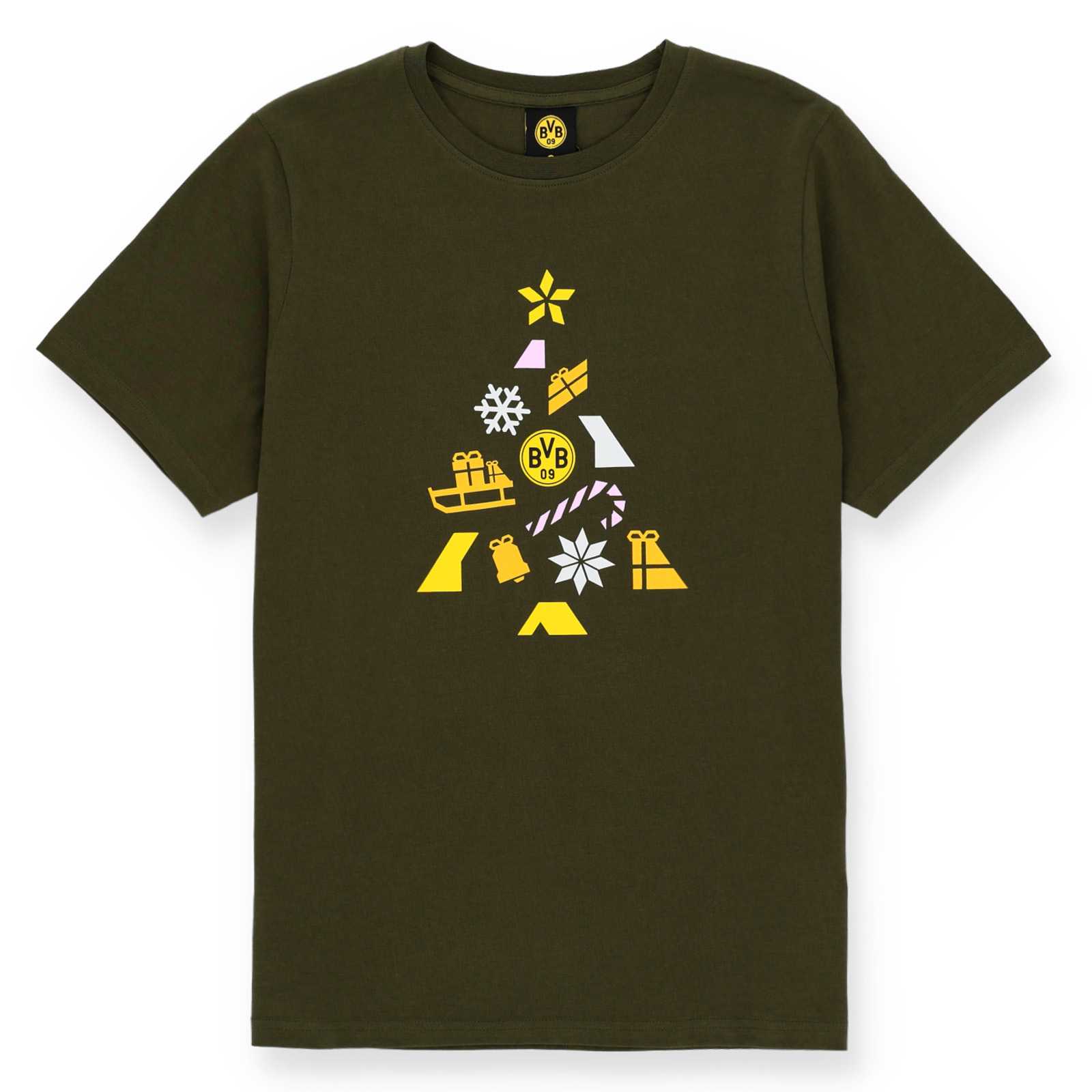 Vorderansicht des dunkelgrünen BVB T-Shirts versch. weihnachtlichen Motiven zu einem Tannenbaum geformt.