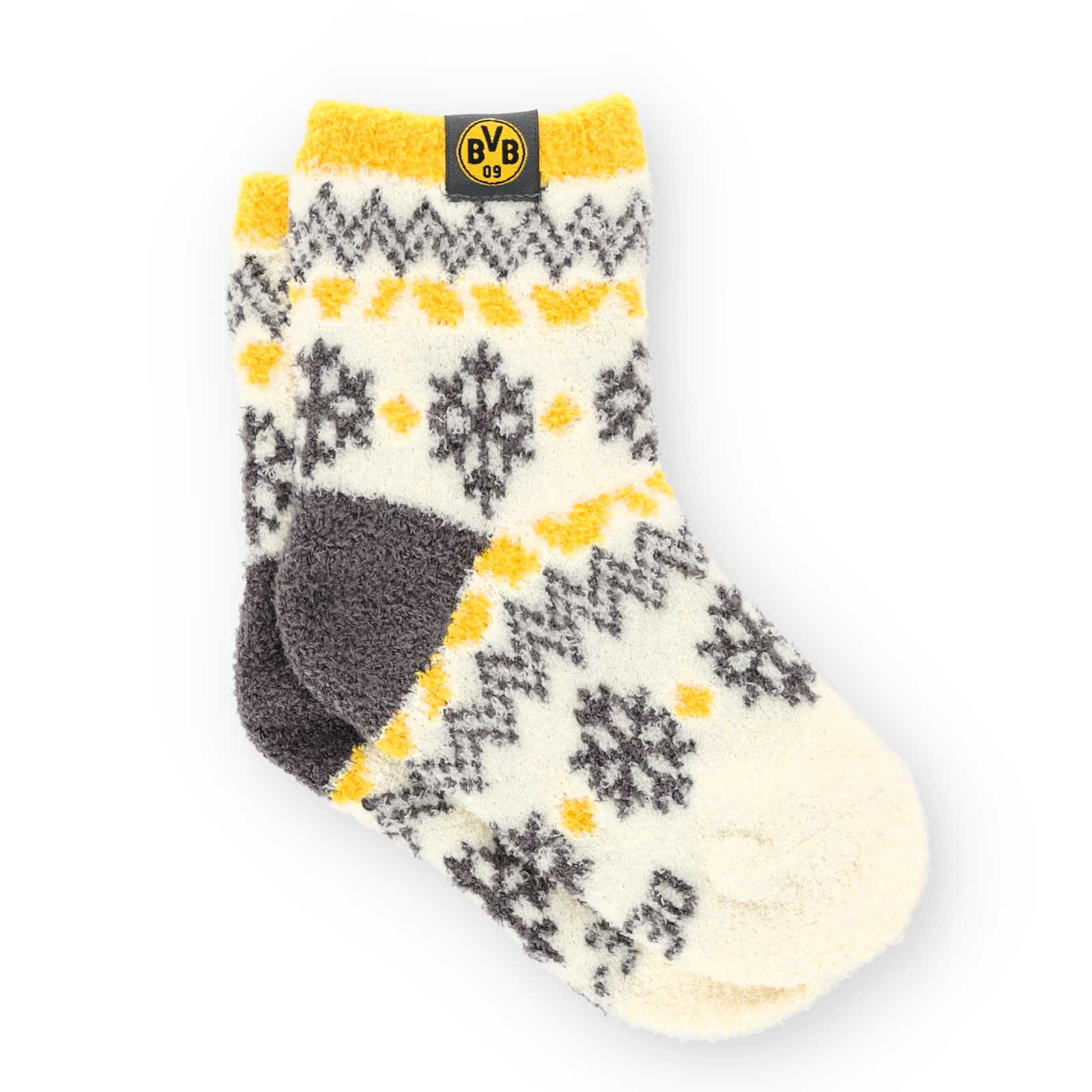 Seitenansicht der weißen BVB Socken mit norweger-Muster.