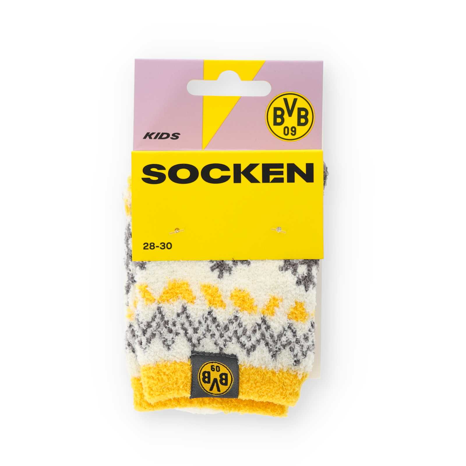 Vorderansicht der weißen BVB Socken mit norweger-Muster zusammengelegt.
