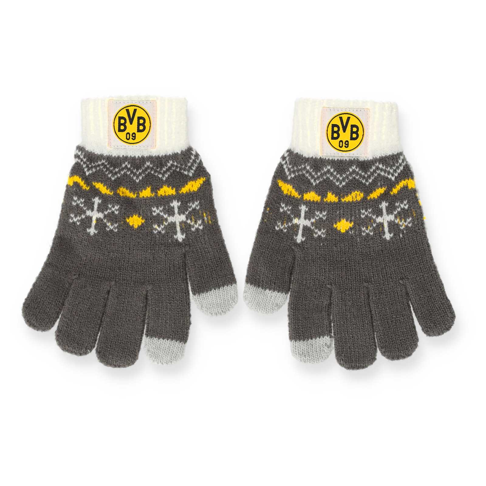 Vorderansicht der grauen BVB Handschuhe mit norweger-Muster.