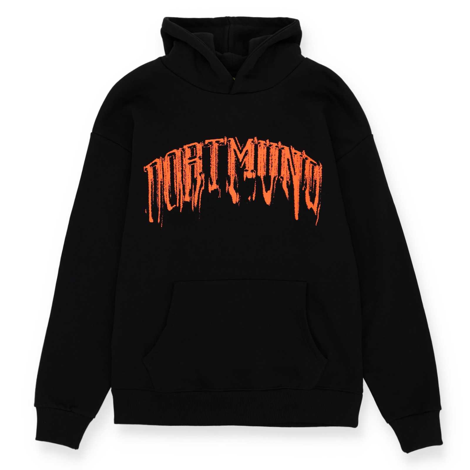 Vorderansicht des schwarzen Hoodies mit auffallendem orangenem Dortmund-Schriftzug, der nach unten hin zerläuft