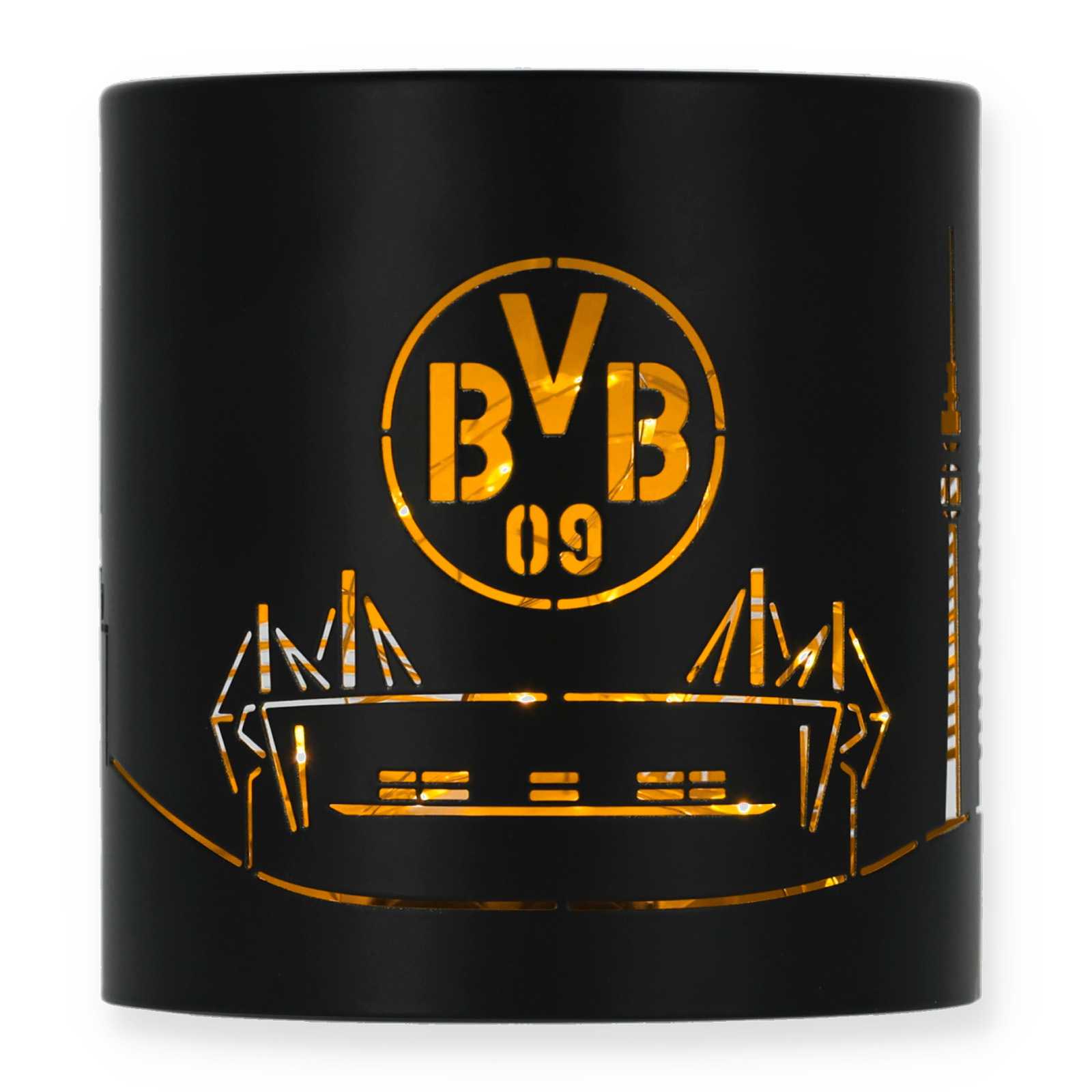 Vorderansicht des schwarzen BVB Windlichtes mit BVB-Logo und Stadion.