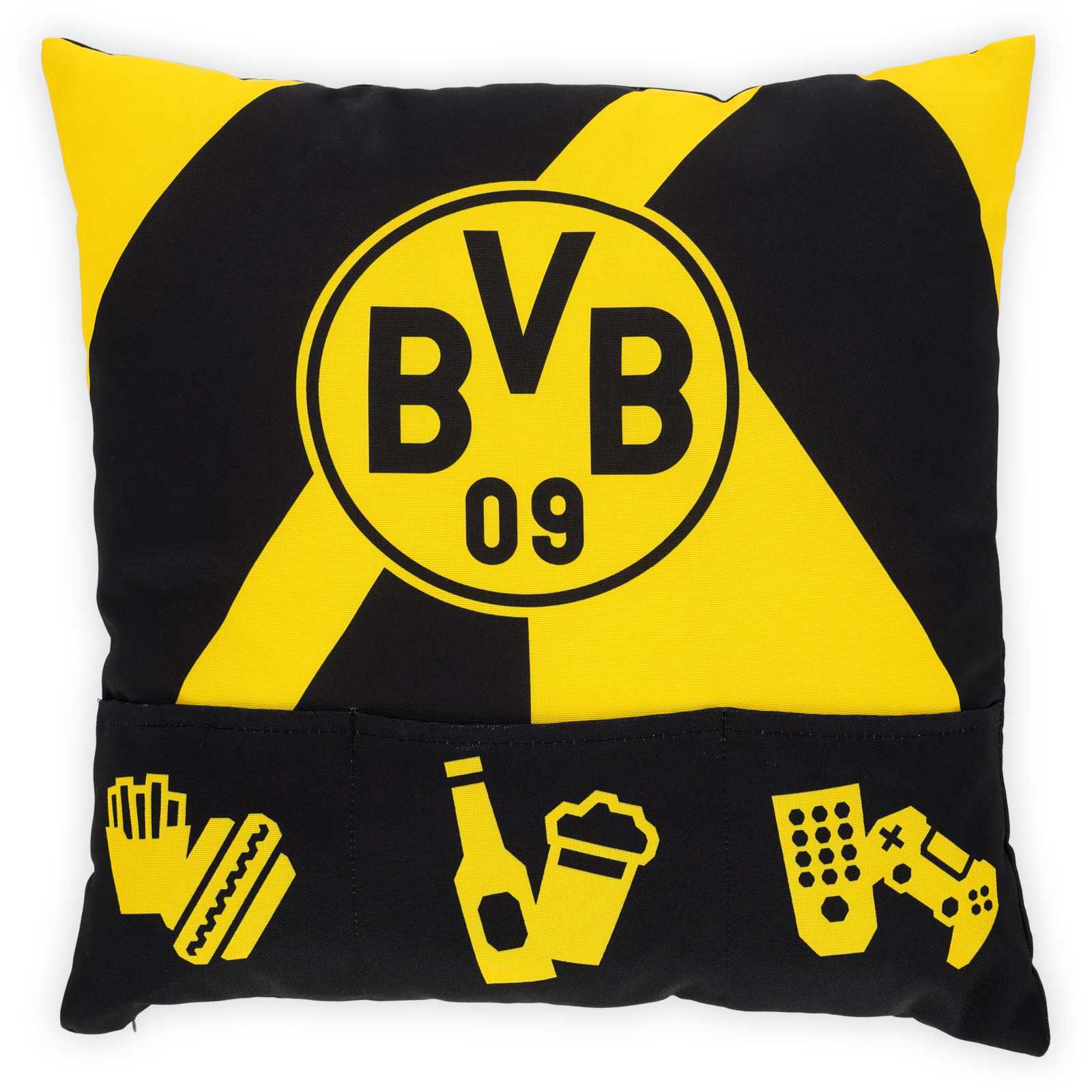 Vorderansicht des schwarzgelben BVB Kissens mit großem BVB-Logo und 3 eingenähten Taschen.