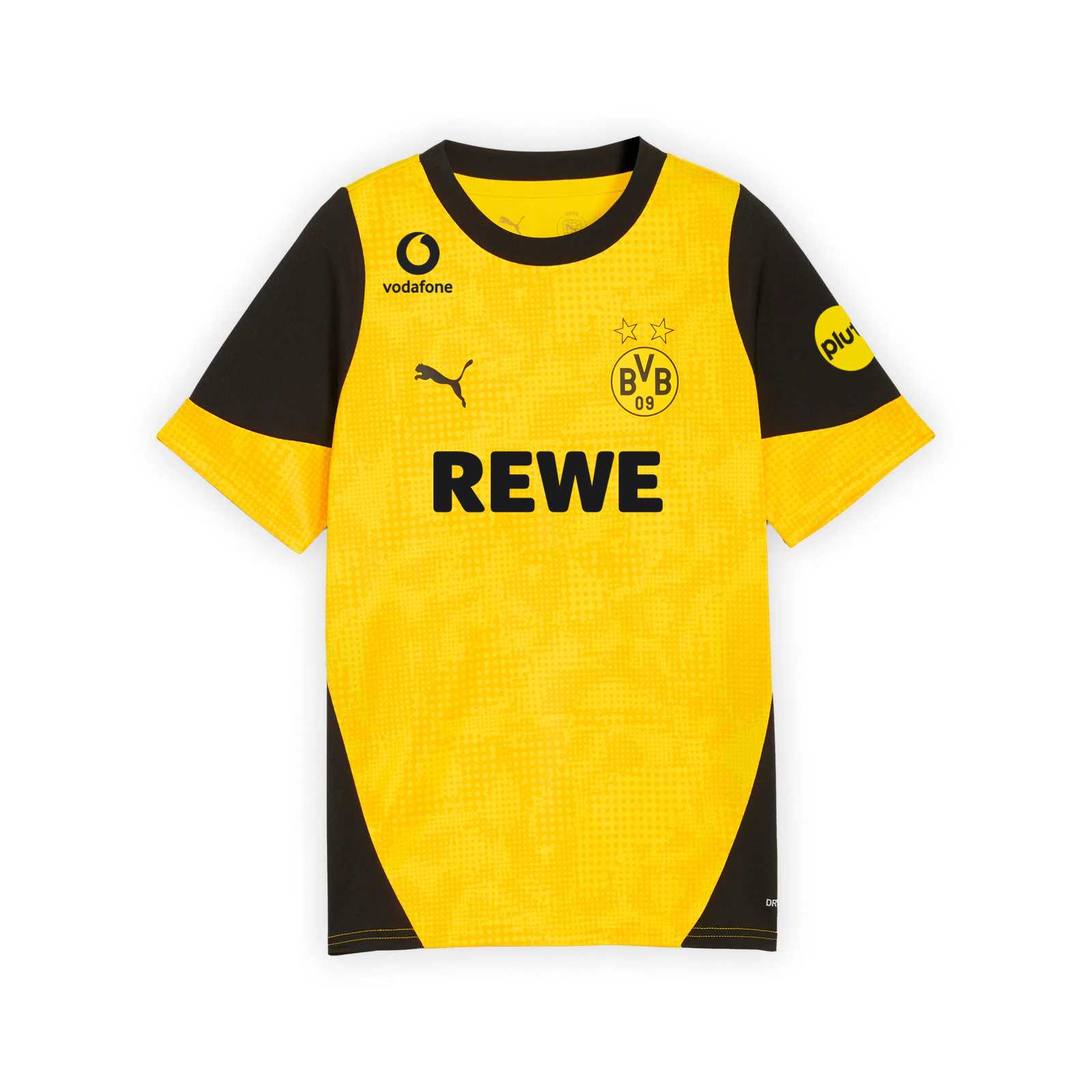 Vorderansicht des gelben BVB-Training T-Shirts mit schwarzen Akzenten an den Oberarmen und an den Seiten sowie schwarzen Logos.