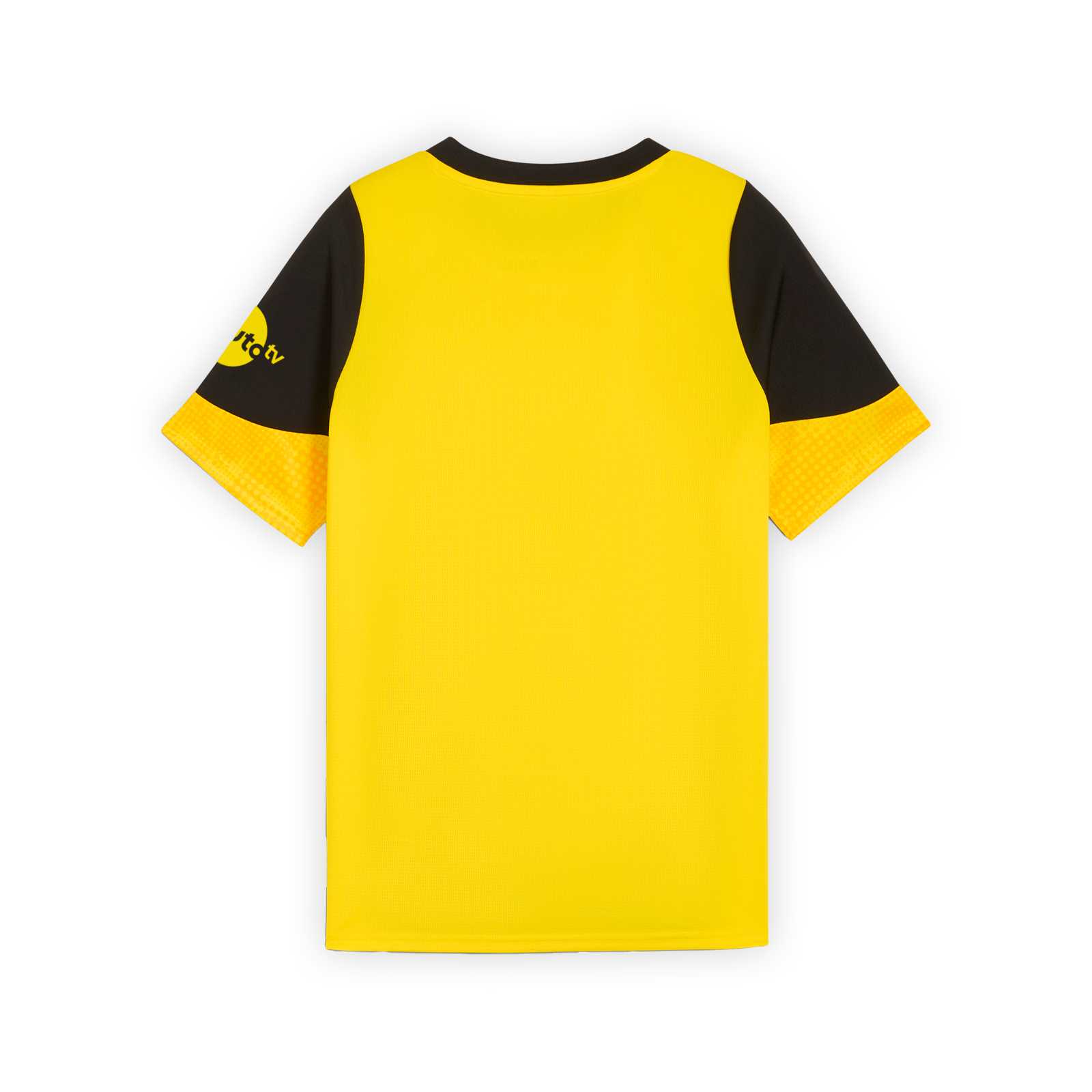 Rückansicht des gelben BVB-Training T-Shirts mit schwarzen Akzenten an den Oberarmen und an den Seiten sowie schwarzen Logos.