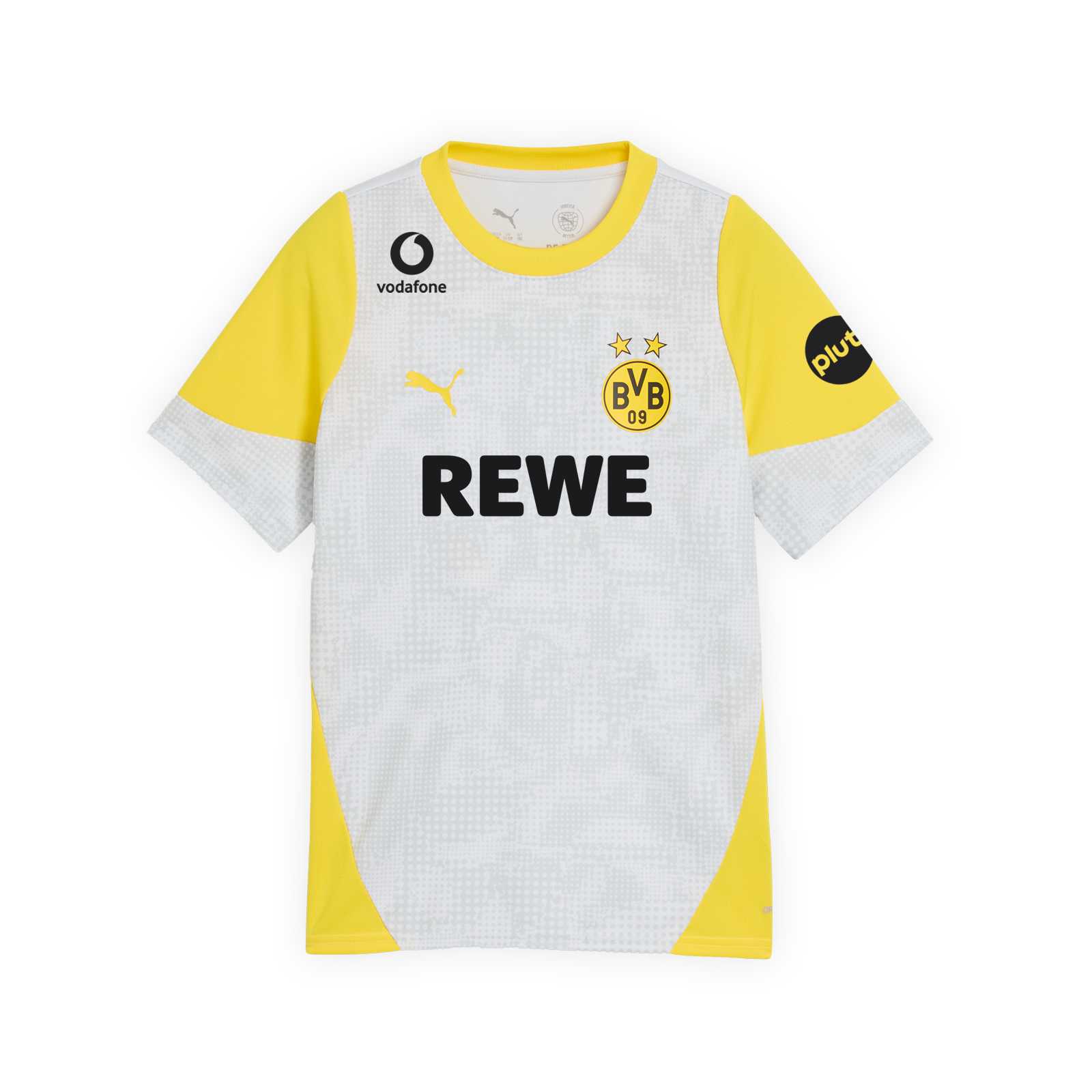 Vorderansicht des silbergrauen BVB-Trainingsshirts mit gelben Akzenten an den Oberarmen und an den Seiten sowie gelben Logos.