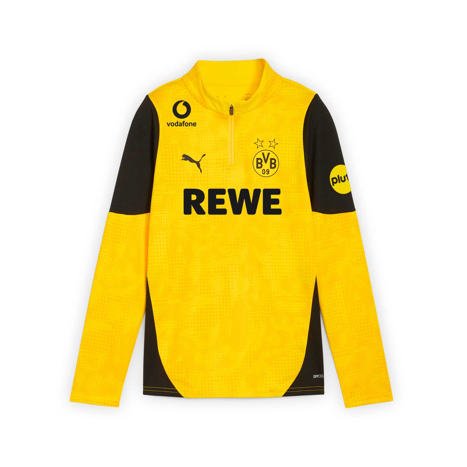 Vorderansicht des gelben BVB-Trainingszipshirts mit schwarzen Akzenten an den Oberarmen und an den Seiten sowie schwarzen Logos.