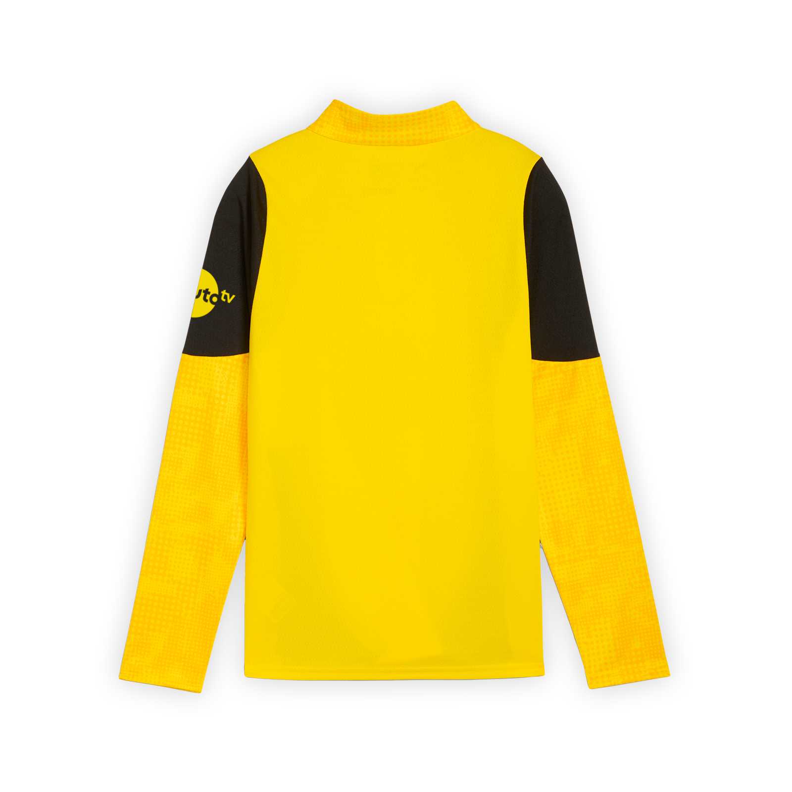 Rückansicht des gelben BVB-Trainingszipshirts mit schwarzen Akzenten an den Oberarmen und an den Seiten sowie schwarzen Logos.