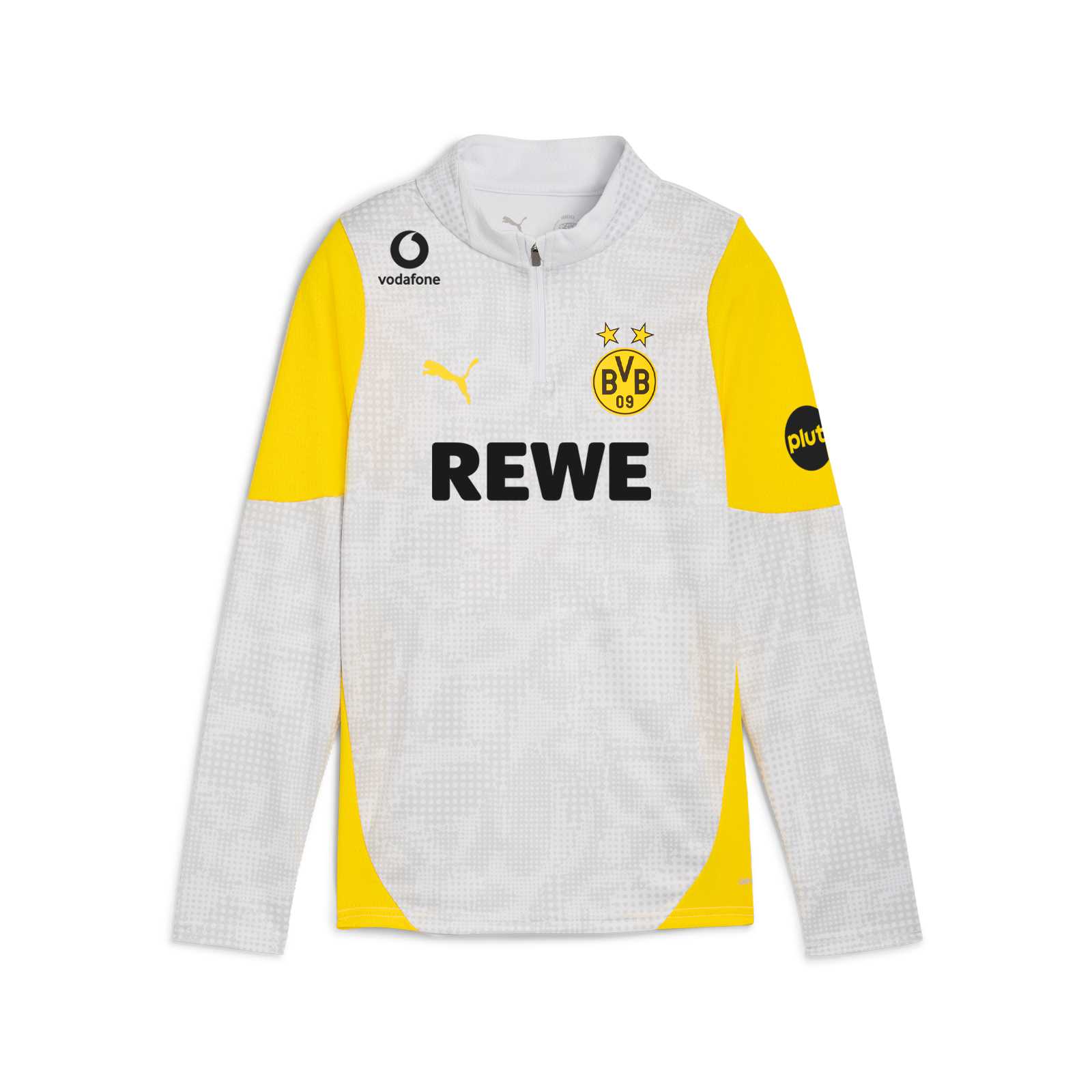 Vorderansicht des silbergrauen BVB-Trainingszipshirts mit gelben Akzenten an den Oberarmen und an den Seiten sowie gelben Logos.