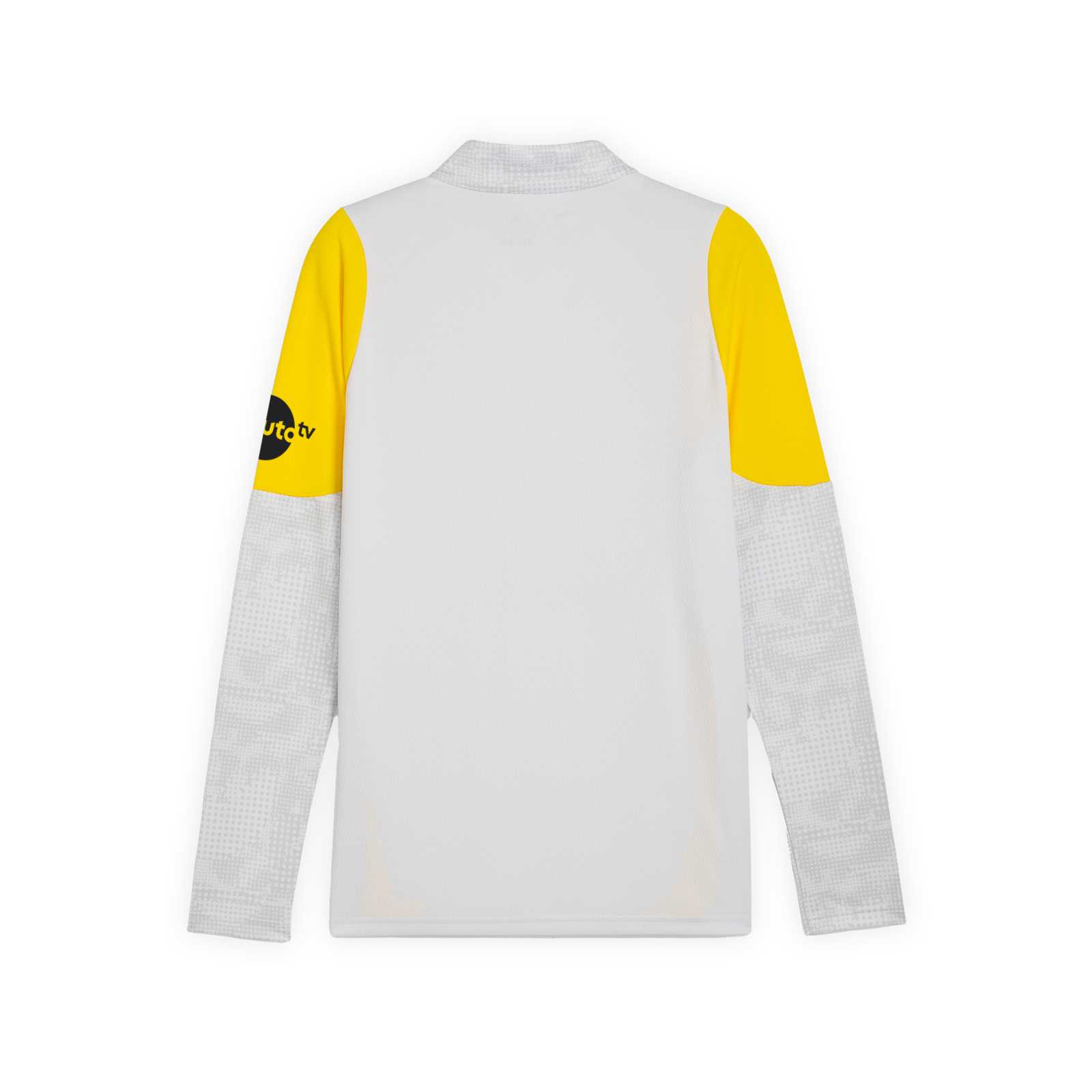 Rückansicht des silbergrauen BVB-Trainingszipshirts mit gelben Akzenten an den Oberarmen und an den Seiten sowie gelben Logos.