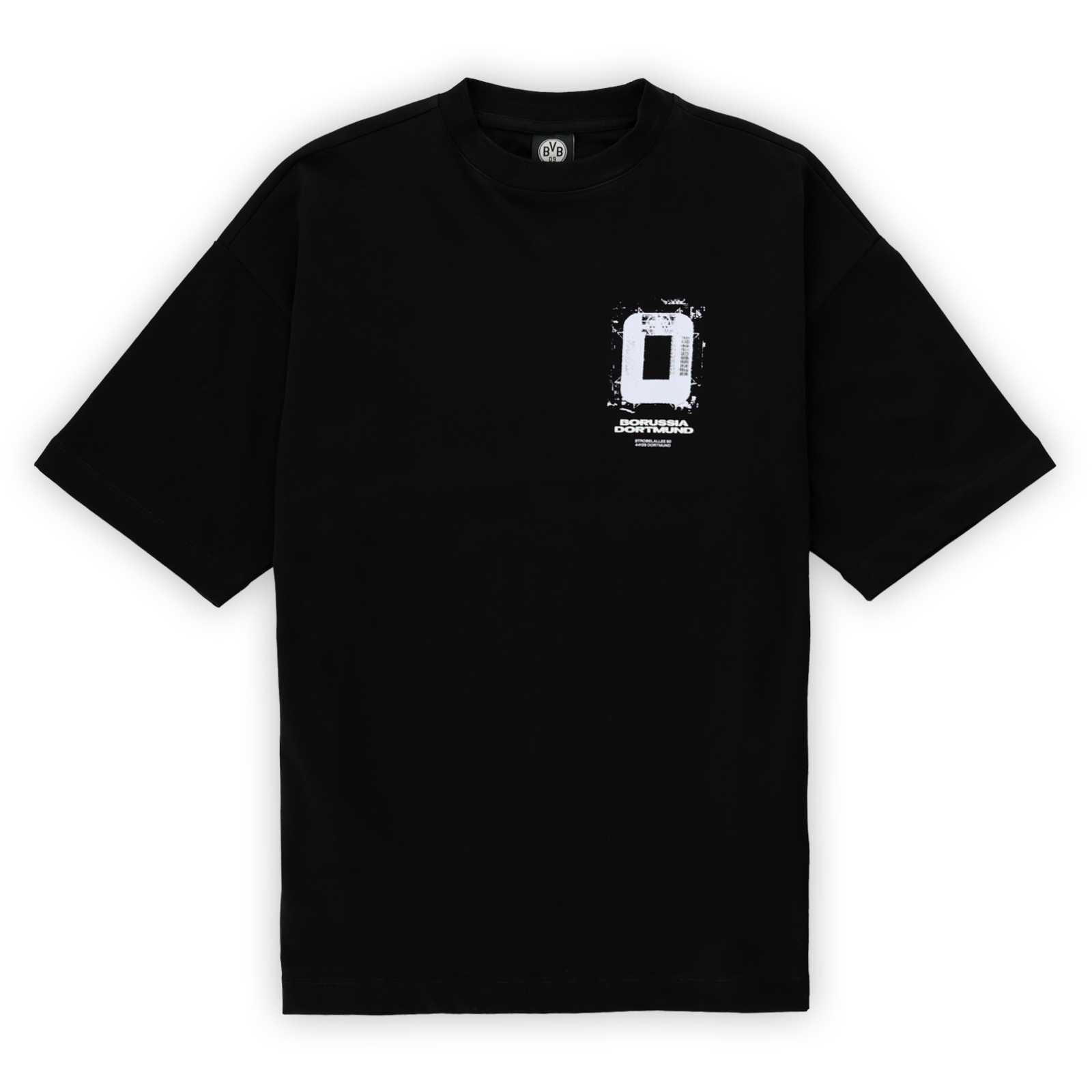 Vorderansicht des schwarzen BVB T-Shirts mit kleinem Print auf der linken Brust.