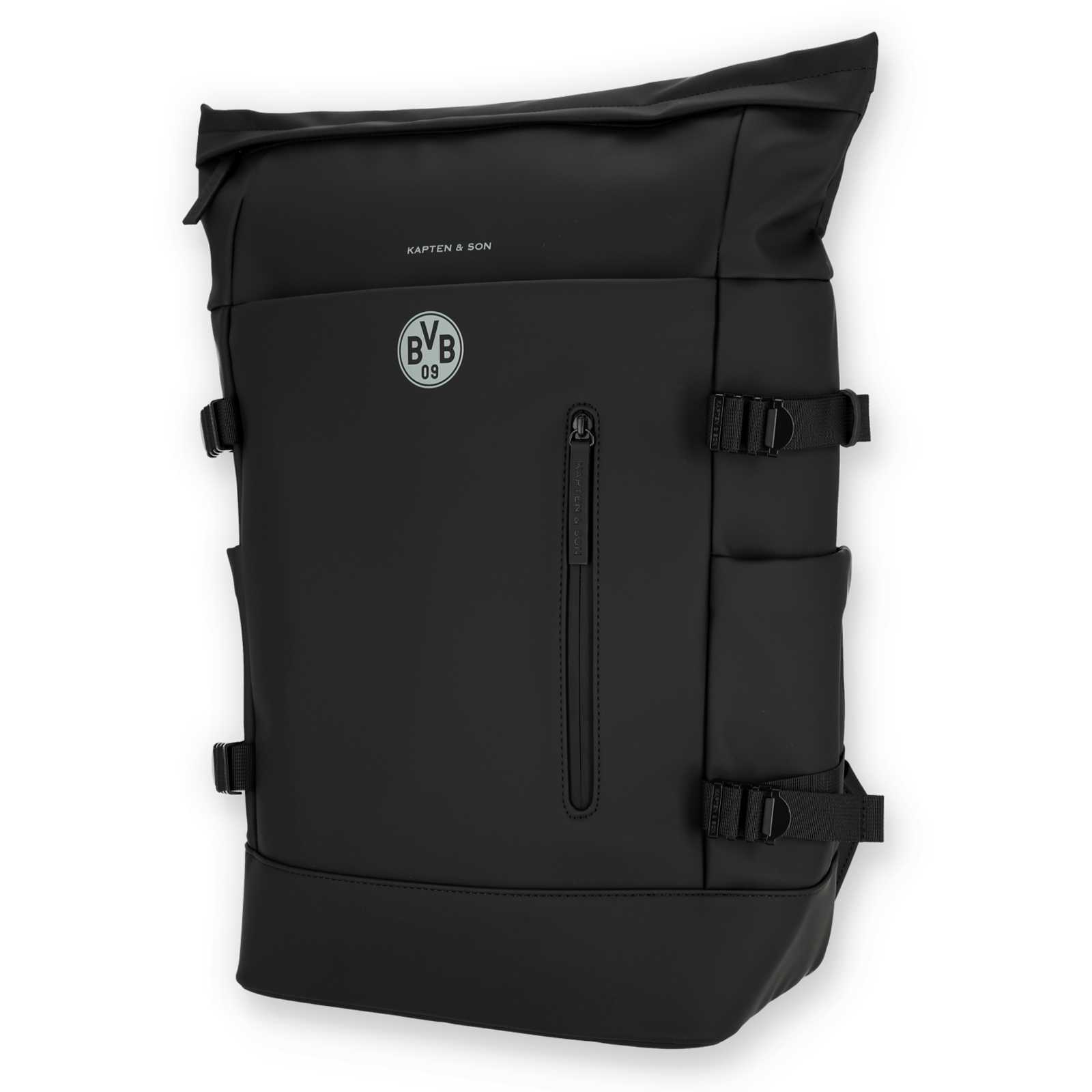Vorderansicht des großen schwarzen Rucksacks mit grauem BVB-Emblem und Seitenschlaufen
