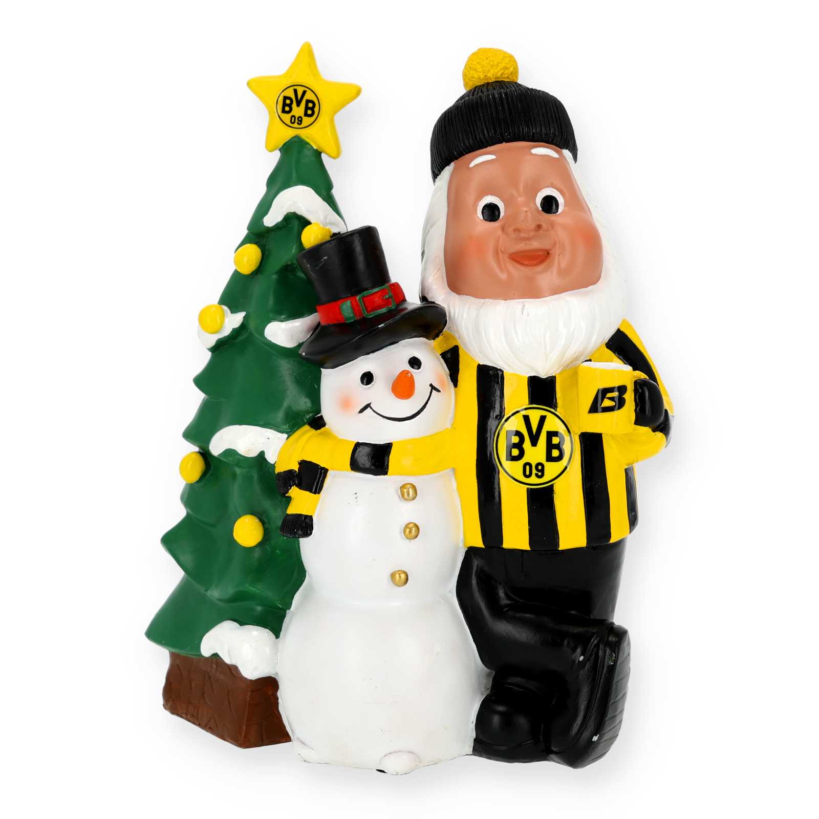 Vorderansicht des BVB Gartenzwergs in gereiftem Trikot mit BVB-Logo, hat einen Schneemann und einen Tannenbaum mit gelbem Schmuck im Arm.