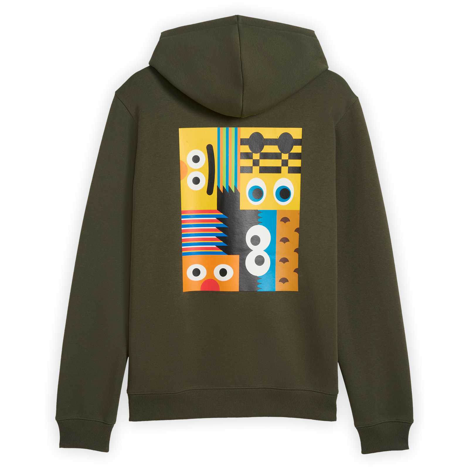 Rückansicht vom Hoodie in oliv mit einem großen, bunten, rechteckigen Aufdruck der die Augen von Ernie, Bert und EMMA in verschiedenen Ausrichtungen zeigt.