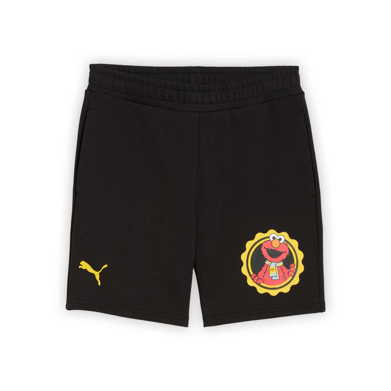 Vorderansicht der schwarzen Shorts mit Elmo-Aufdruck auf der einen und gelber PUMA-Katze auf der anderen Seite.