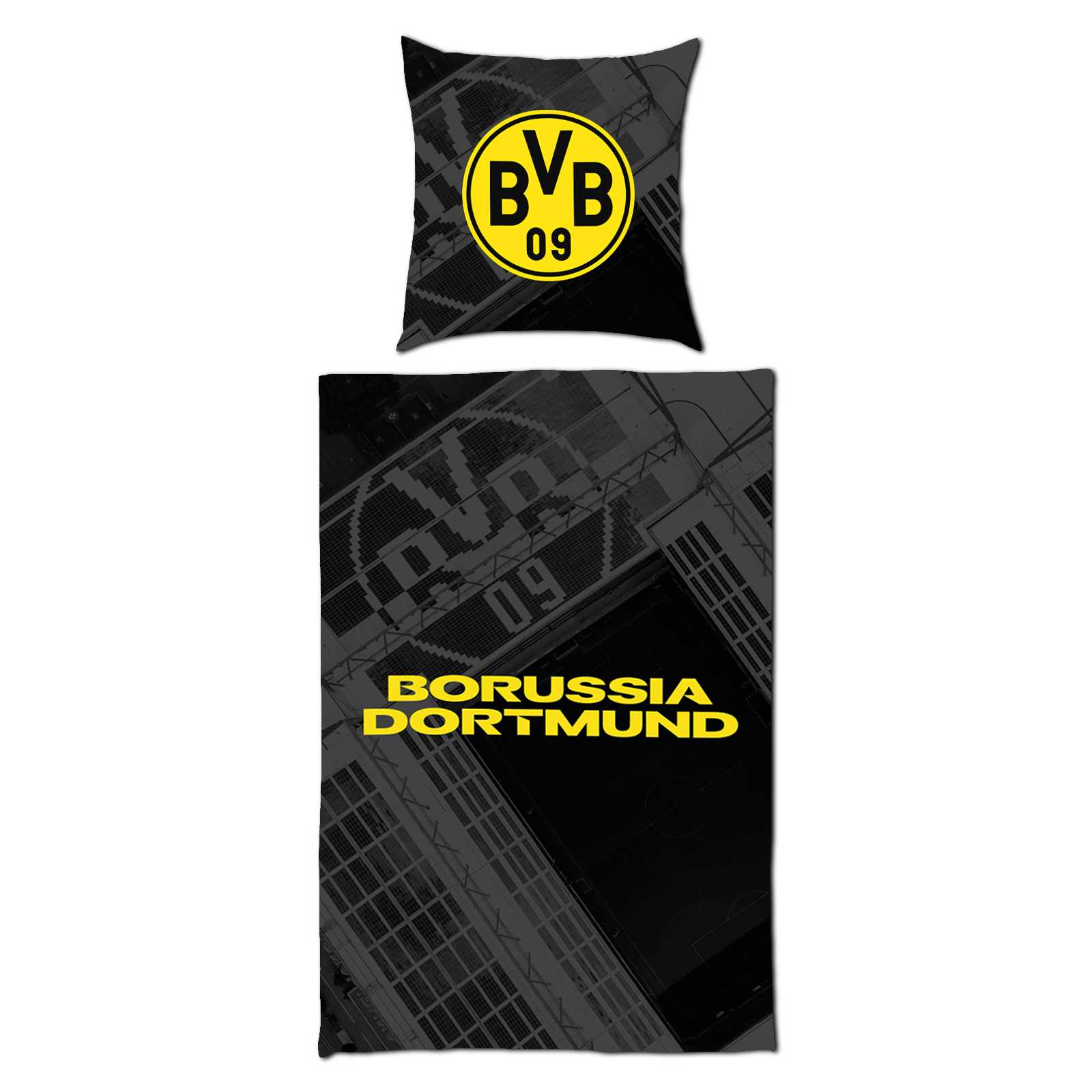 Vorderansicht der schwarzen Bettwäsche mit grauer Stadion-Draufsicht als Muster, BVB-Emblem mittig auf dem Kopfkissen und gelbem Borussia Dortmund Schriftzug auf der Bettdecke.