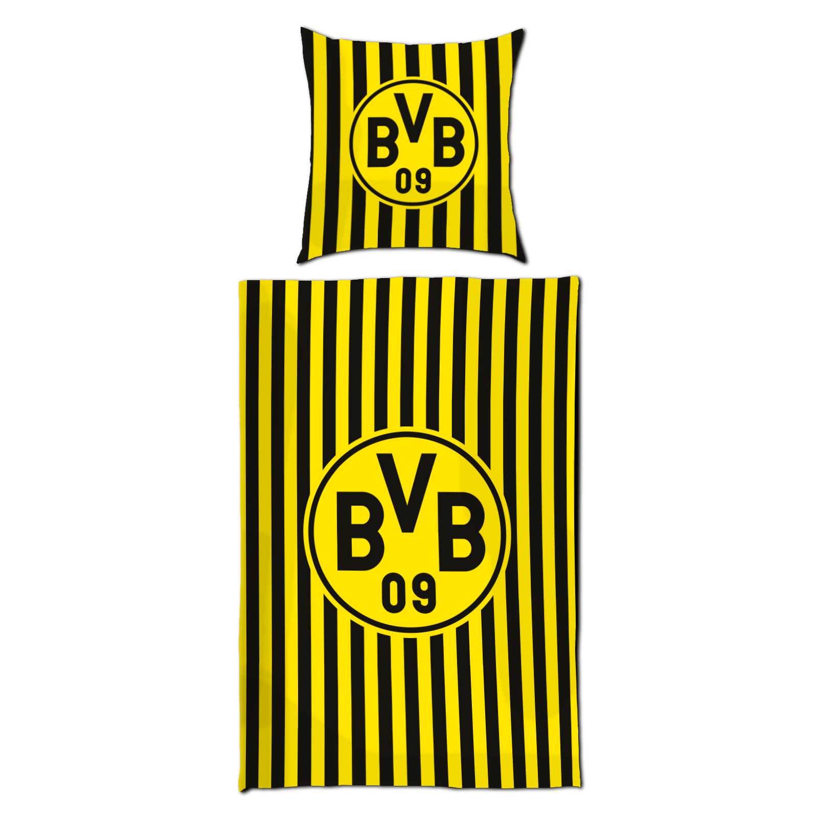 Vorderansicht der Bettwäsche mit schwarzgelben Streifen und BVB-Emblem auf Bettdecke und Kopfkissen.