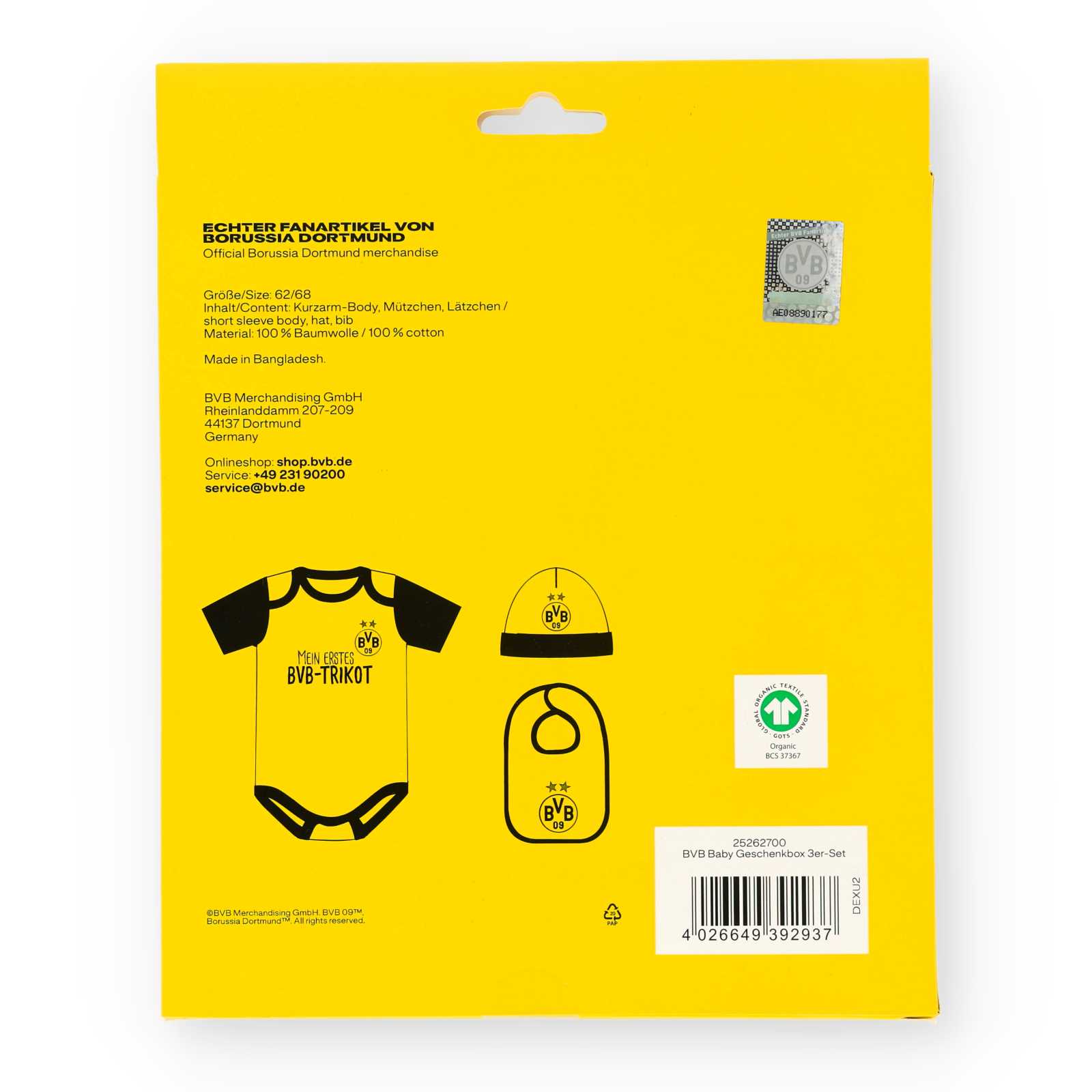 Die Rückansicht der schwarzgelben Verpackung