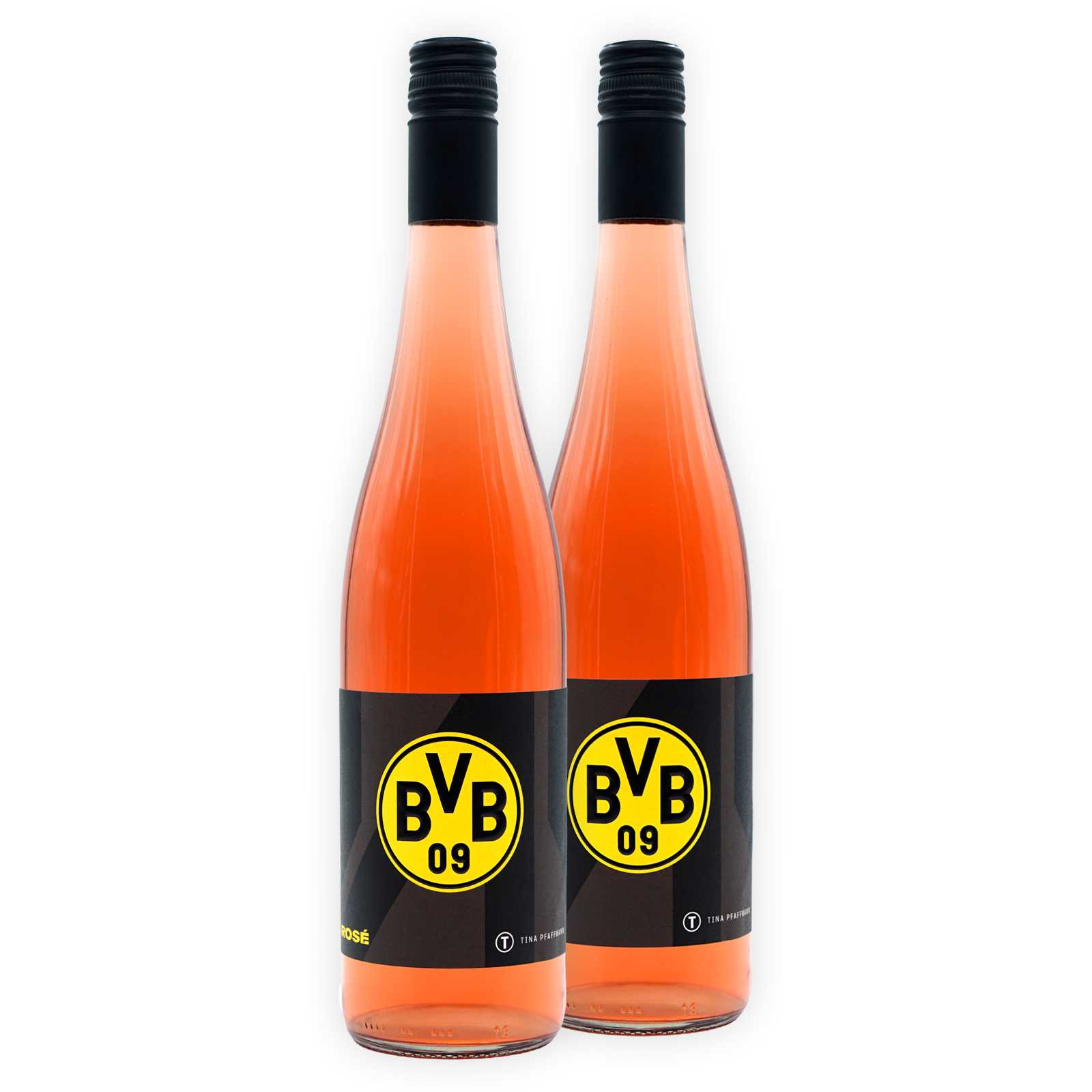Zwei Flaschen Rosé Wein nebeneinander, jeweils mit einem Etikett mit BVB-Emblem