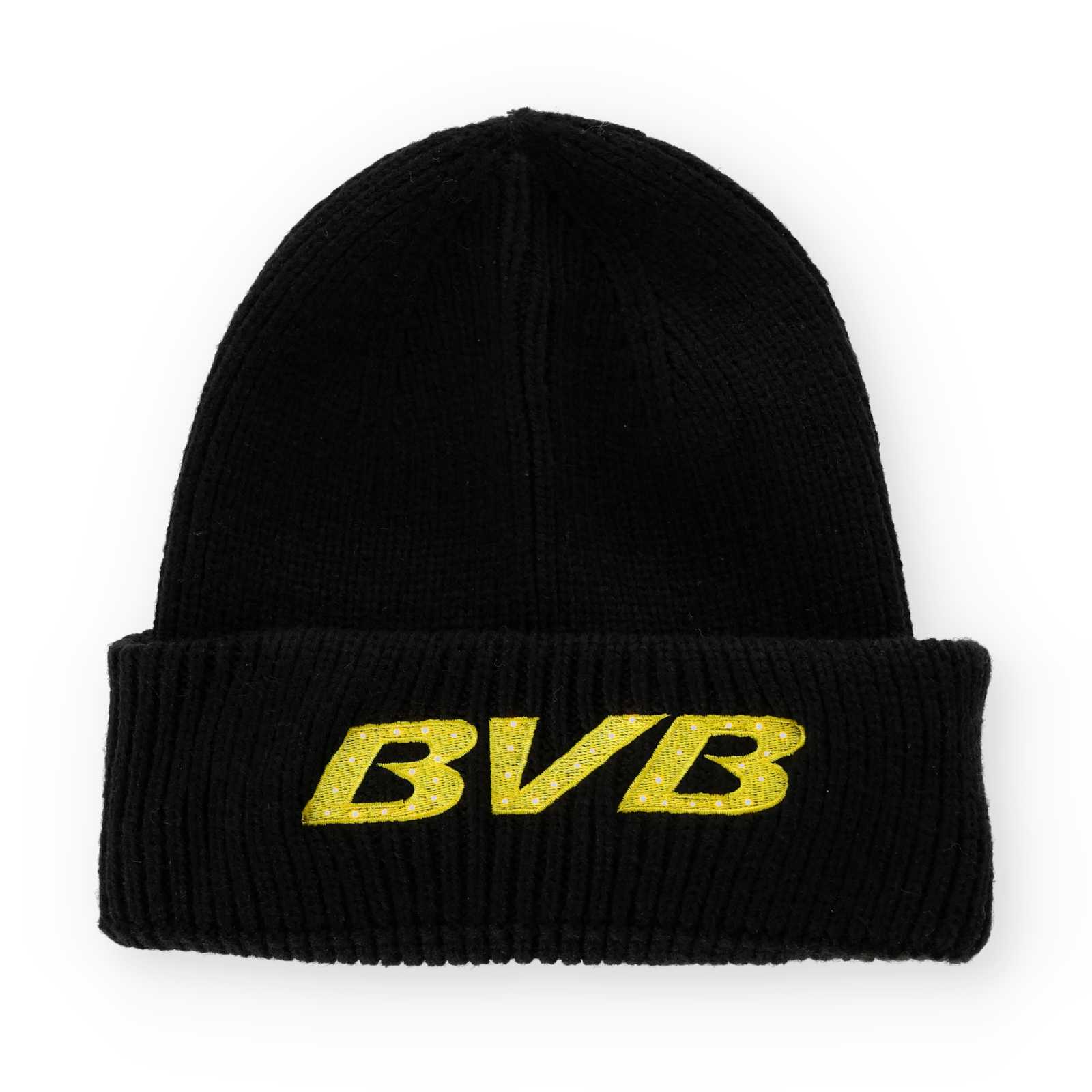 Vorderansicht der schwarzen Wollmütze mit gelbem BVB-Schriftzug mit integrierten LED-Lämpchen auf der Krempe
