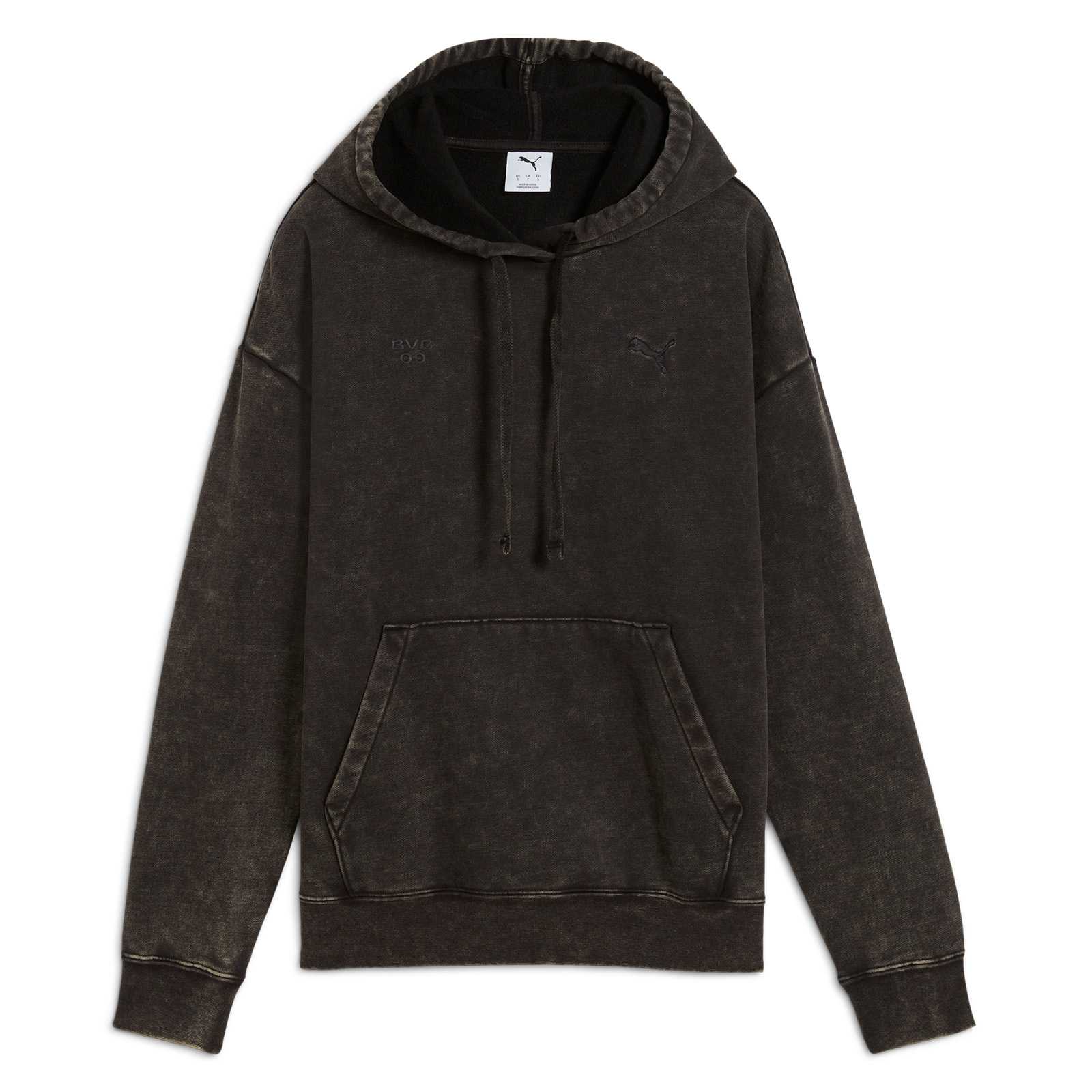 Die Vorderansicht des grau-schwarz melierten Hoodies mit Ton-in-Ton BVB-09-Schriftzug und Ton-in-Ton PUMA-Katze auf der Brust.