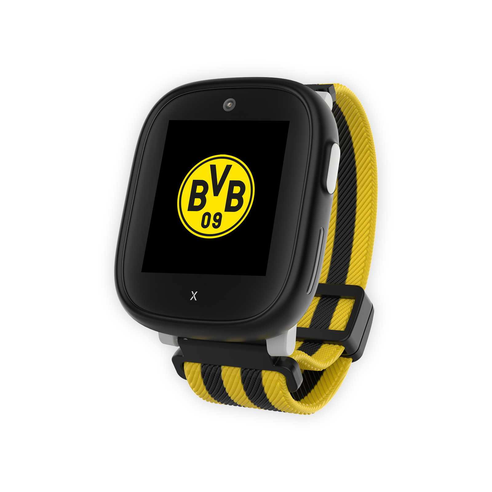 Vorderansicht der Smartwatch mit BVB-Emblem auf dem Display und schwarzgelbem Armband