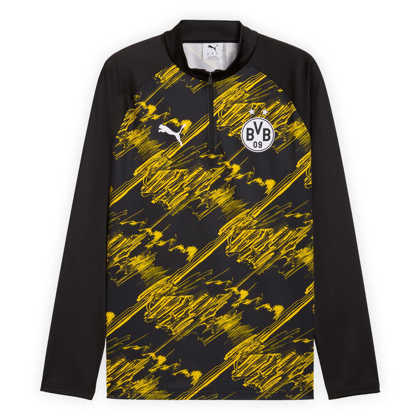 Vorderansicht des Shirts mit schwarzen Ärmeln, gelbschwarzem Schraffur-Muster auf dem Körper und hellem BVB-Emblem und PUMA-Katze auf der Brust.