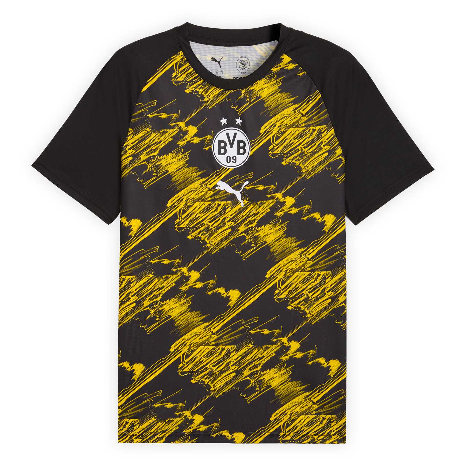 Vorderansicht des Shirts mit schwarzen Ärmeln, gelbschwarzem Schraffur-Muster auf dem Körper und hellem BVB-Emblem und PUMA-Katze auf der Brust.