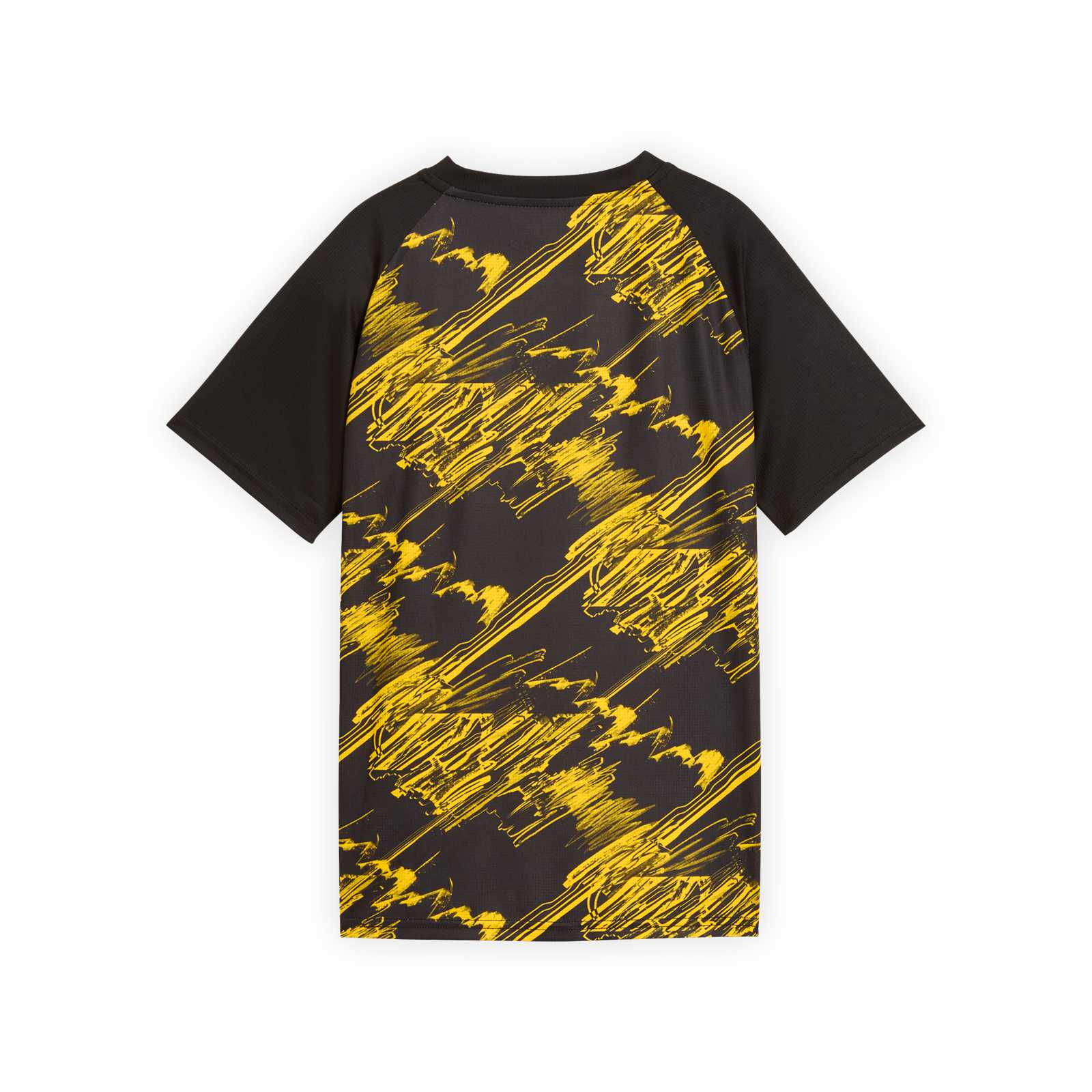 Rückansicht des Shirts mit schwarzen Ärmeln und gelbschwarzem Schraffur-Muster auf dem Körper