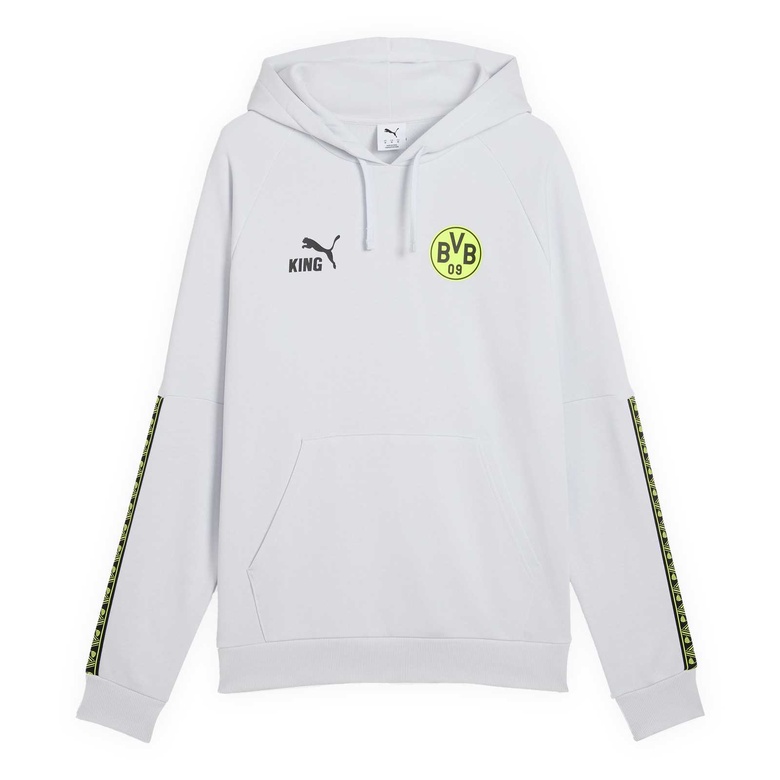 Vorderansicht des hellen PUMA King Hoodies mit Neon BVB Emblem und PUMA Katze plus King-Schriftzug auf der Brust