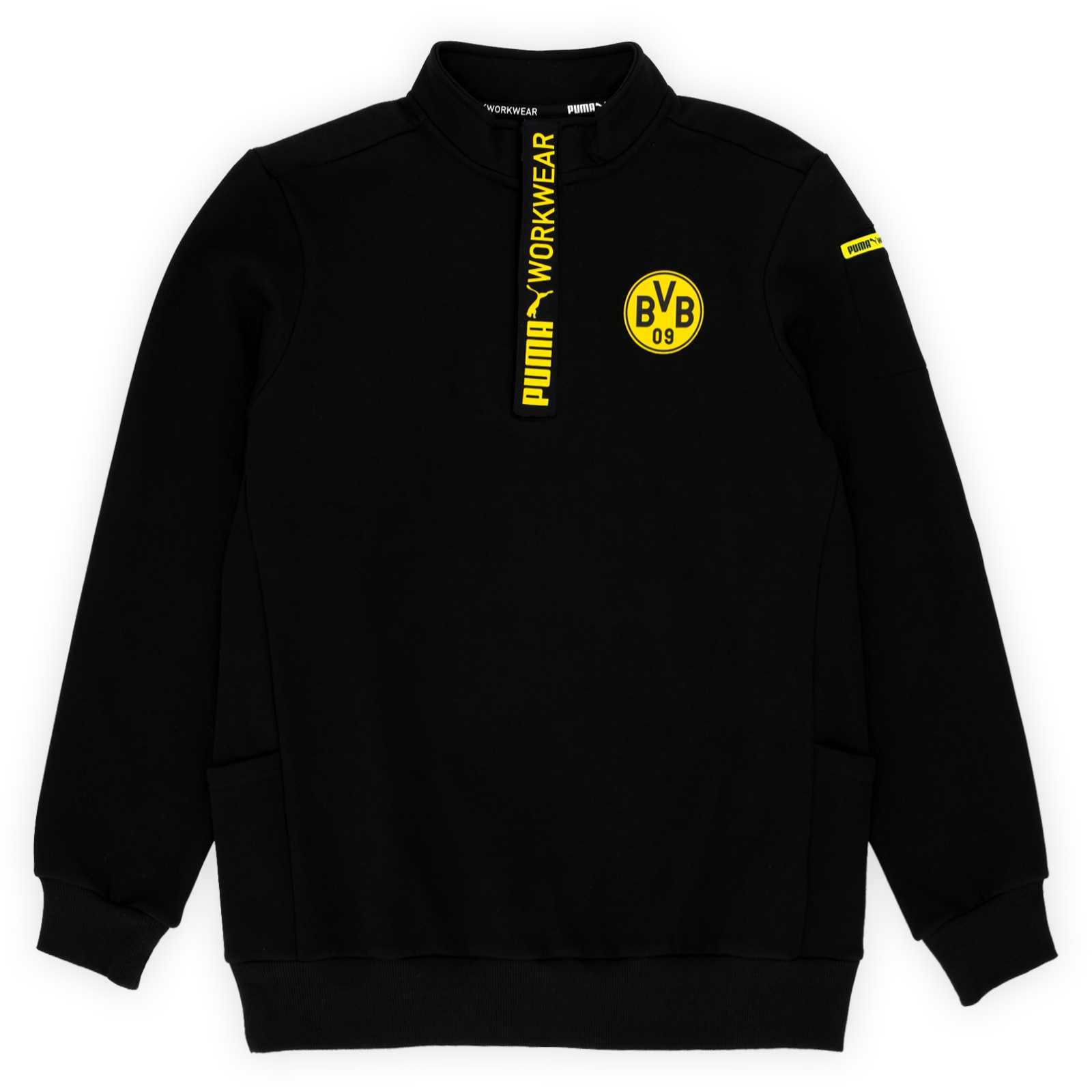 Vorderansicht des schwarzen Sweatshirts mit BVB-Logo auf der Brust und gelbem PUMA-Workwear-Schriftzug auf der Reißverschluss-Abdeckung