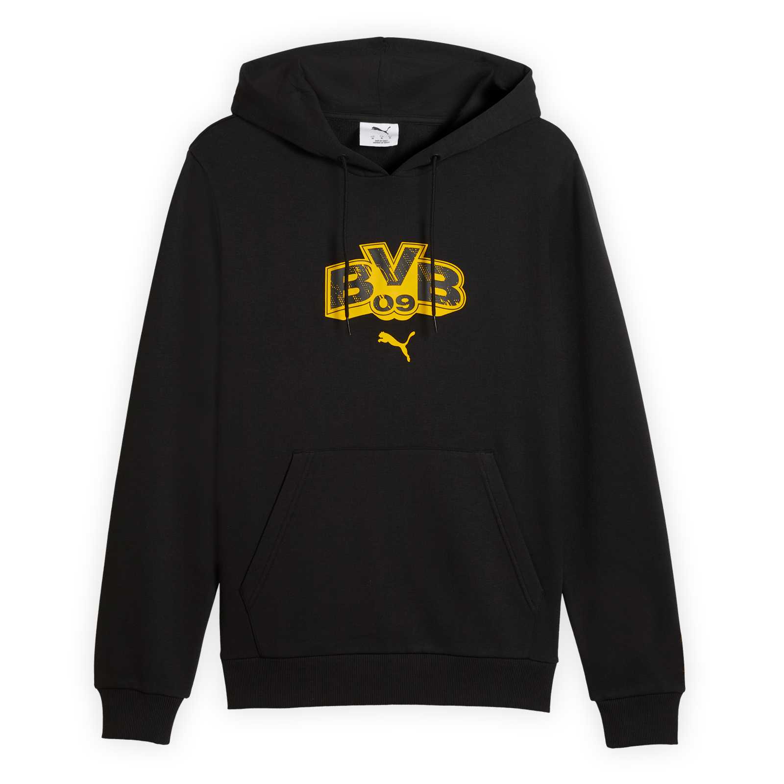 Vorderansicht des schwarzen BVB-Hoodies mit gelbem BVB09-Print und der PUMA-Katze auf der Brust.
