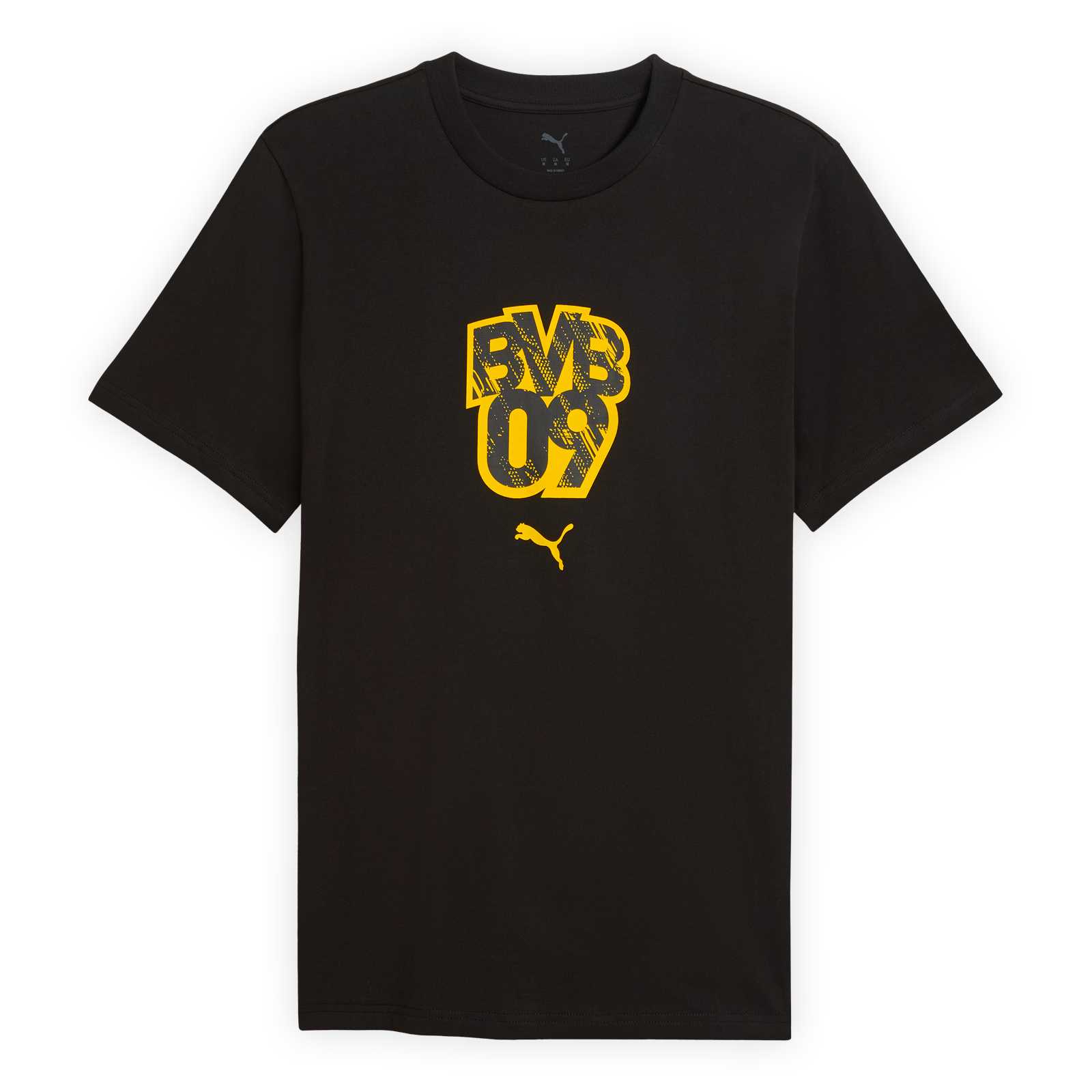 Vorderansicht des schwarzen BVB-Shirts mit gelbem BVB09-Print und der PUMA-Katze auf der Brust.