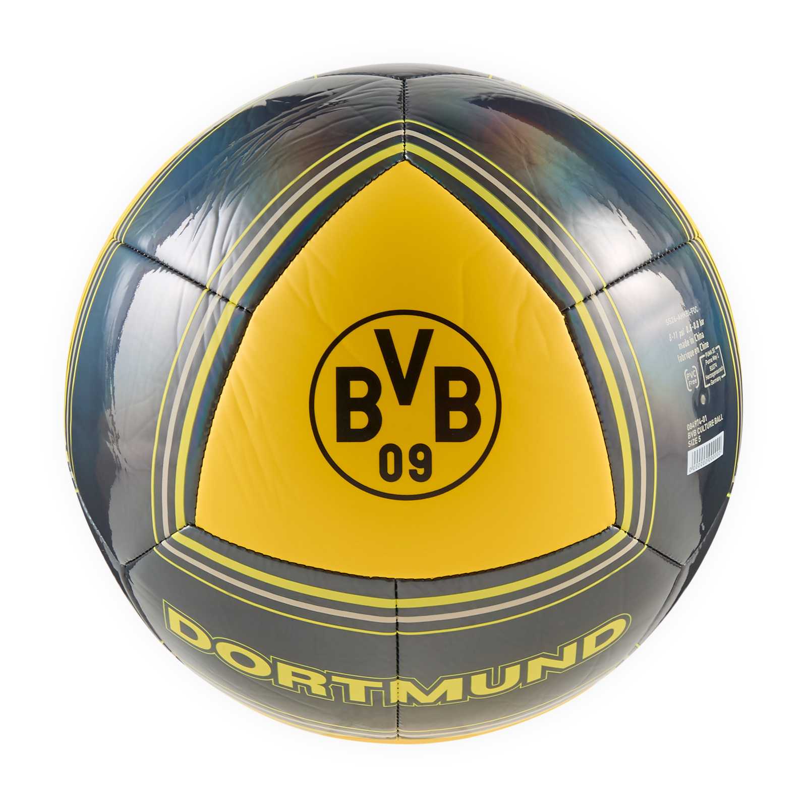 Schwarzer Ball mit gelben Details und BVB-Logo.