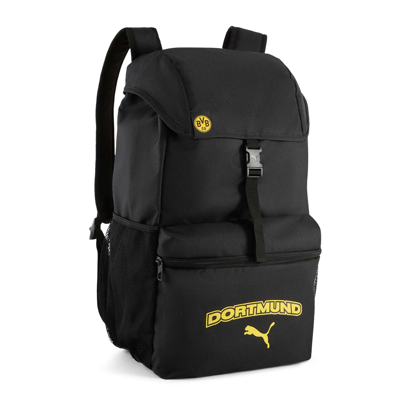 Vorderansicht des schwarzen BVB-Rucksacks. Vordertasche mit Reißverschluss und Dortmund-Aufschrift sowie seitliche Netztaschen.