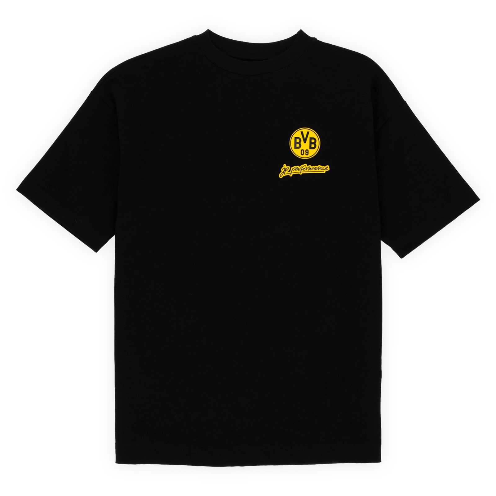 Vorderansicht des schwarzen BVB-Shirts mit BVB-Logo und JP Performance Schriftzug auf der Brust.