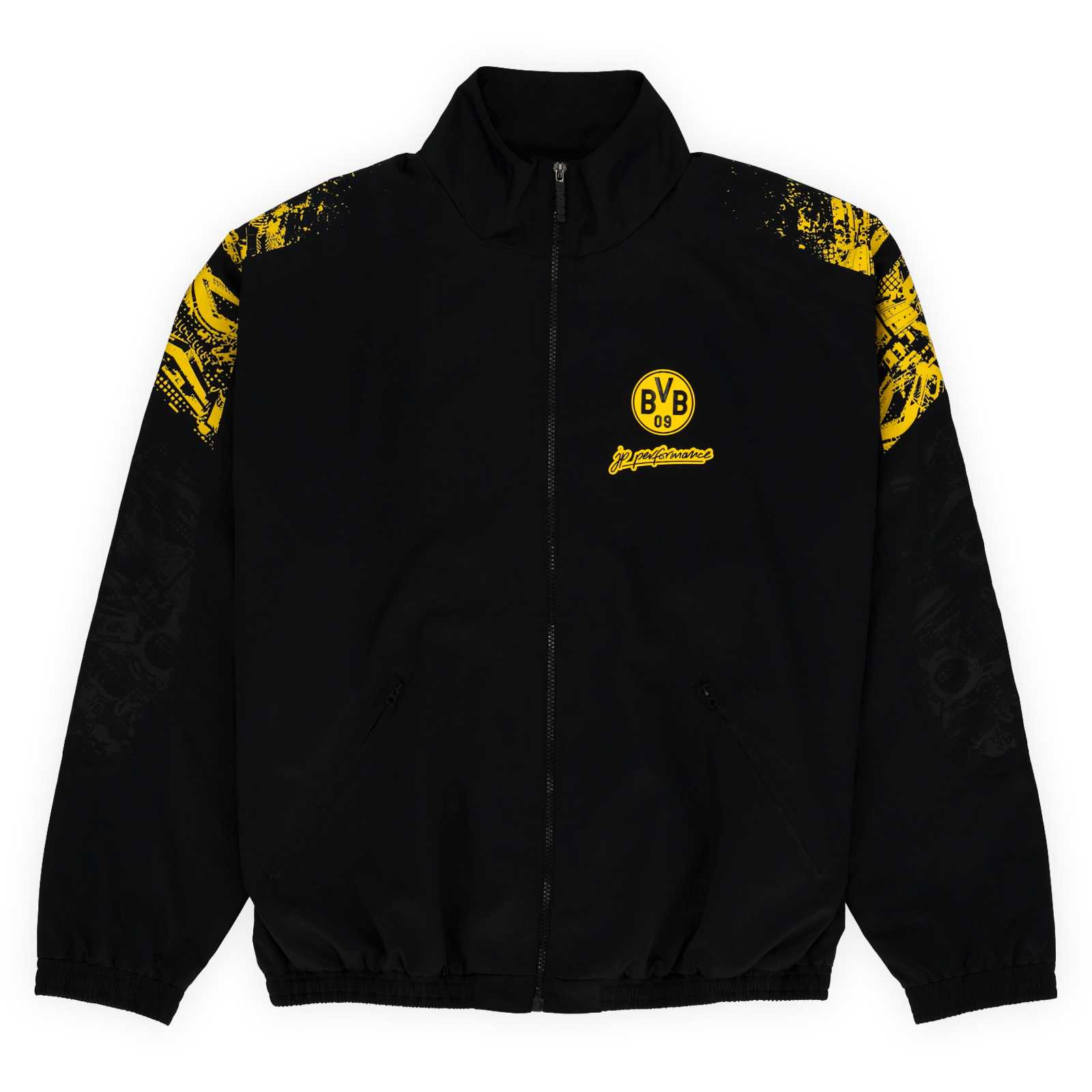 Vorderansicht der schwarzen Trainingsjacke mit BVB-Logo, JP Performance Schriftzug und gelben Details an den Schultern.