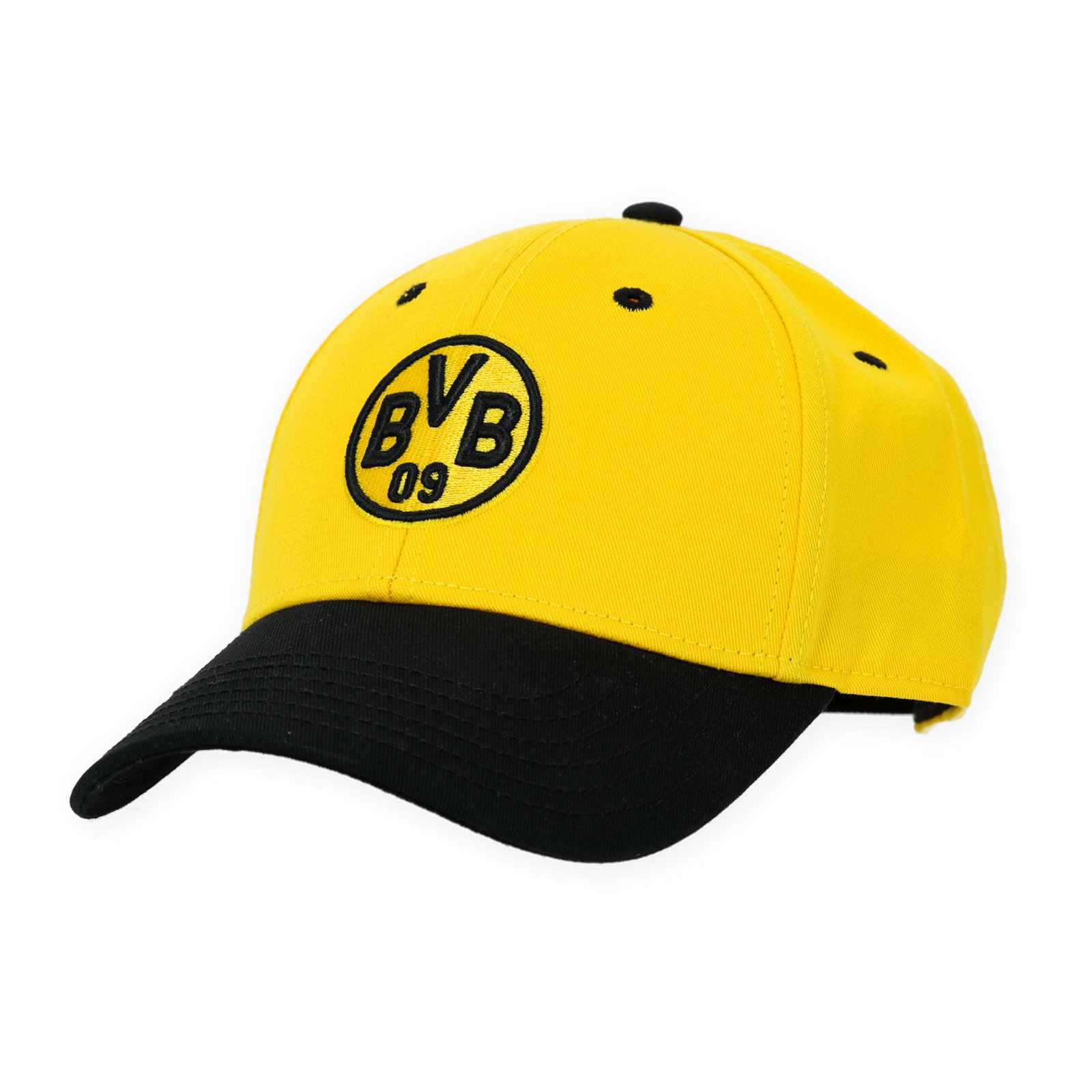 Vorderansicht der gelben Kappe mit schwarzem Schirm mit BVB-Emblem über dem Schirm